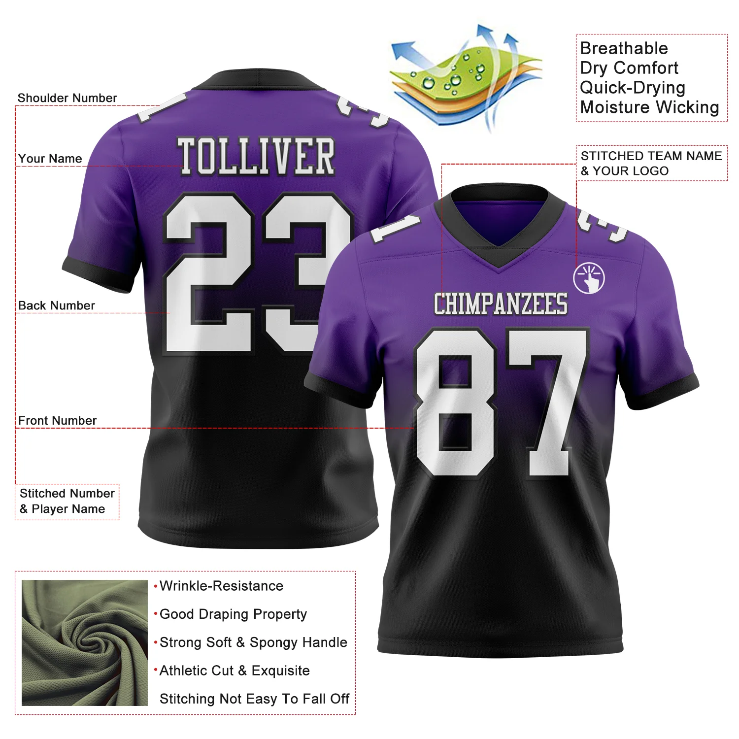Custom Purple White-Black Authentic Fade Fashion Football Jersey