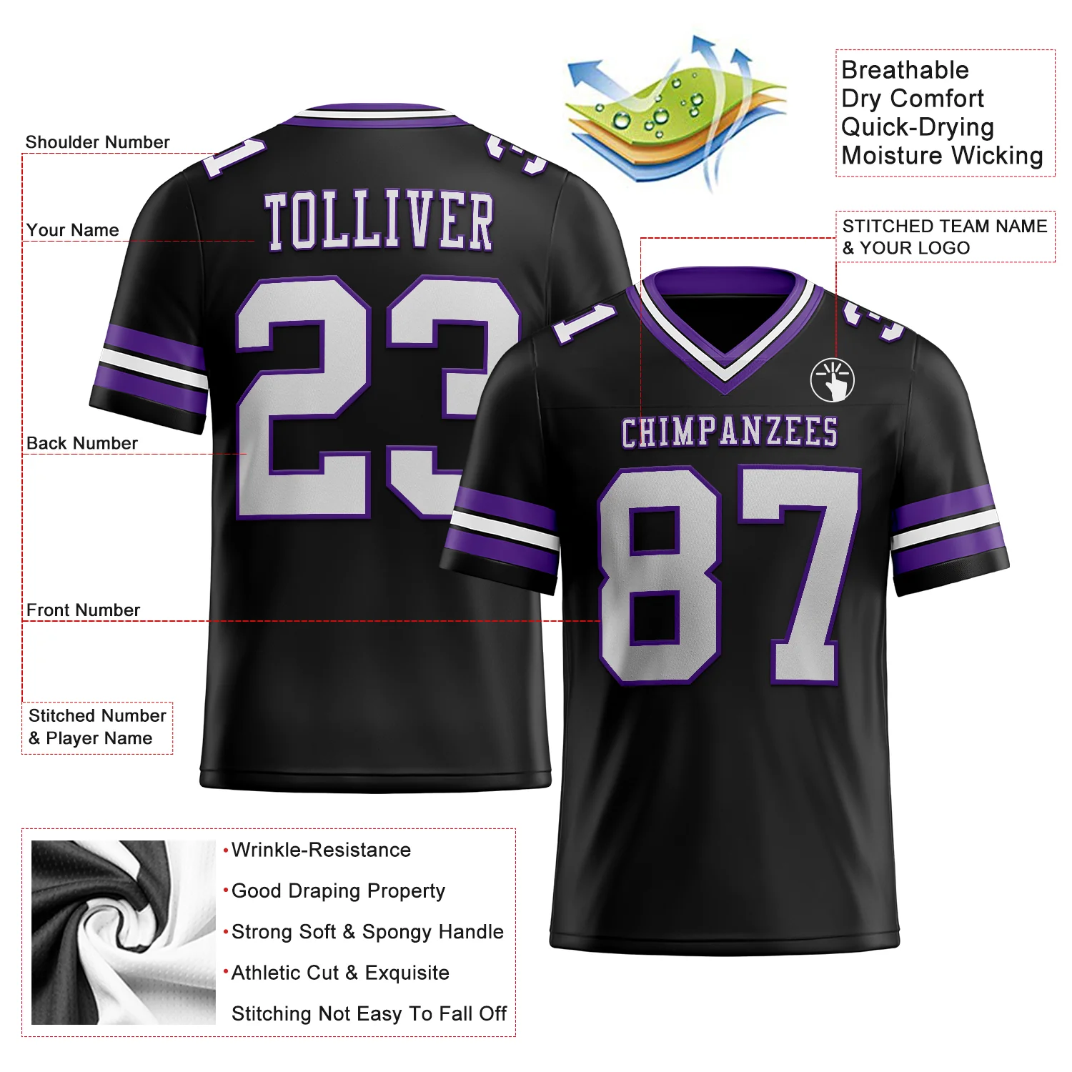 Custom Black White-Purple Authentic Football Jersey