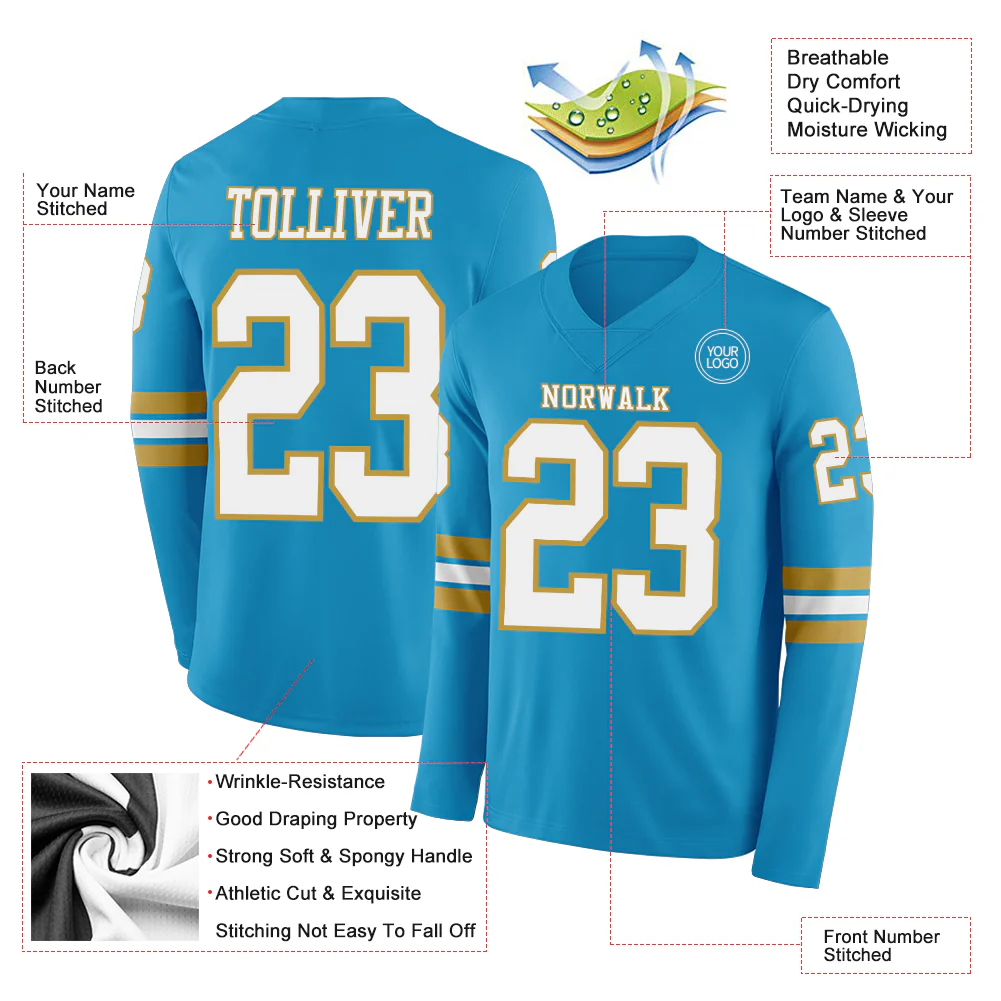 Custom Panther Blue White-Old Gold Long Sleeve Authentic Football Jersey