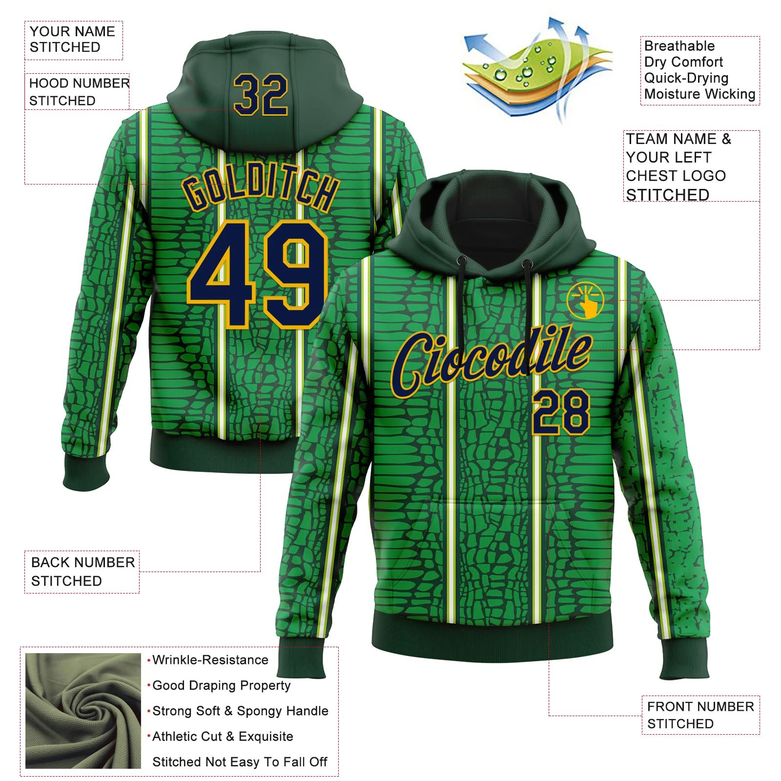 Custom Stitched Green Navy-Gold 3D Pattern Design Crocodile Skin Print Sportswear Pullover Sweatshirt Hoodie