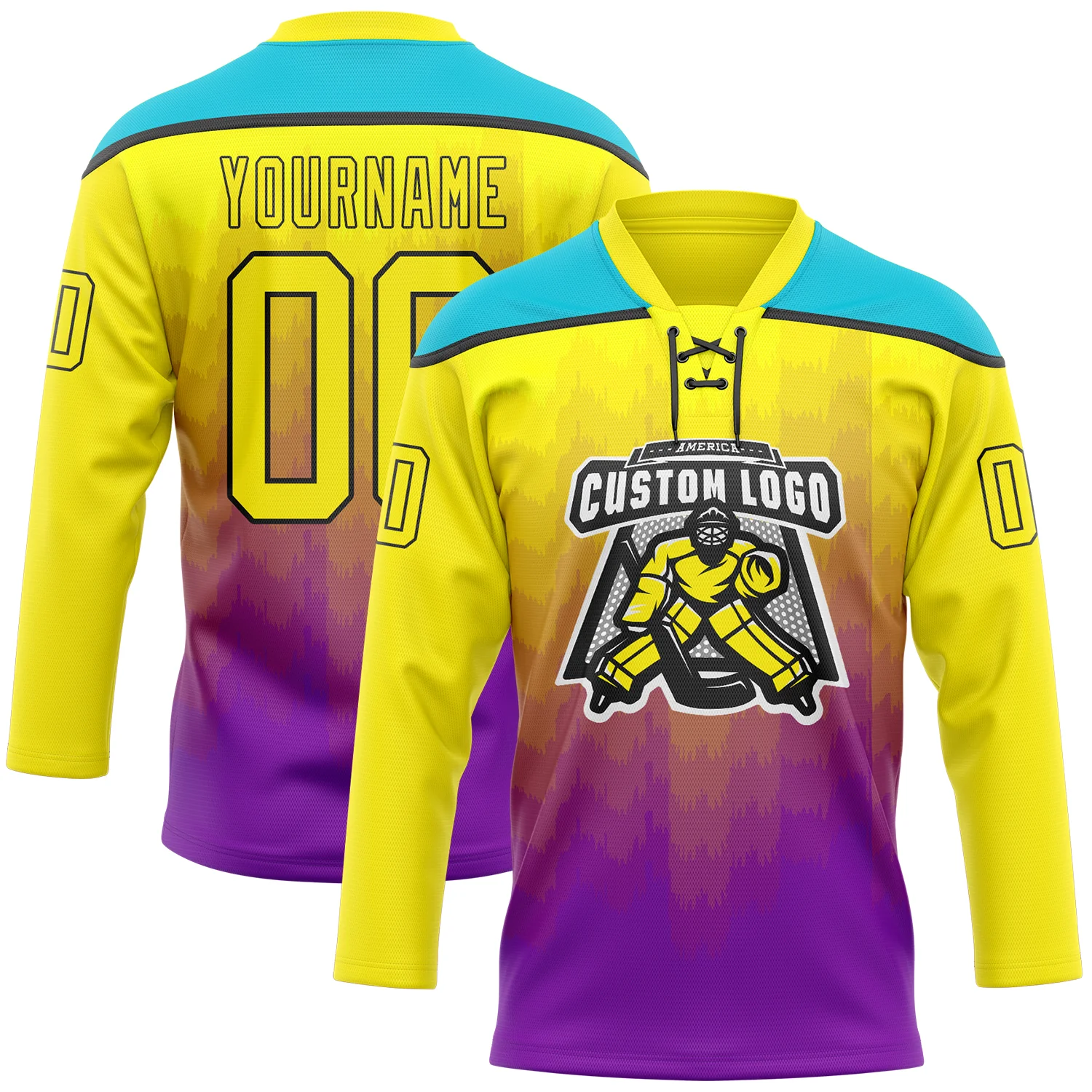Custom Light Yellow Purple Lakes Blue-Black 3D Pattern Abstract Gradient Halftone Hockey Lace Neck Jersey