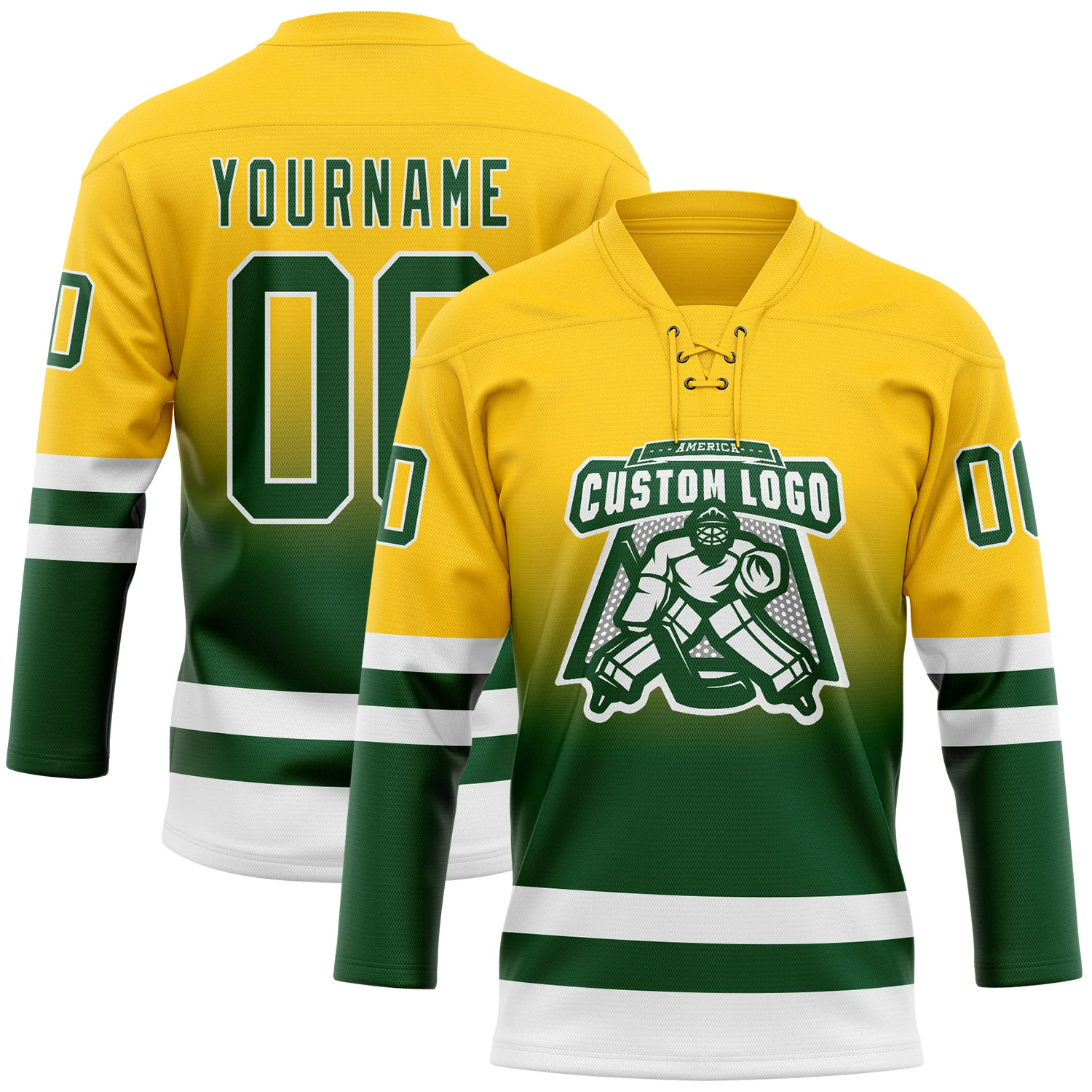 Custom Yellow Green-White Fade Fashion Hockey Lace Neck Jersey