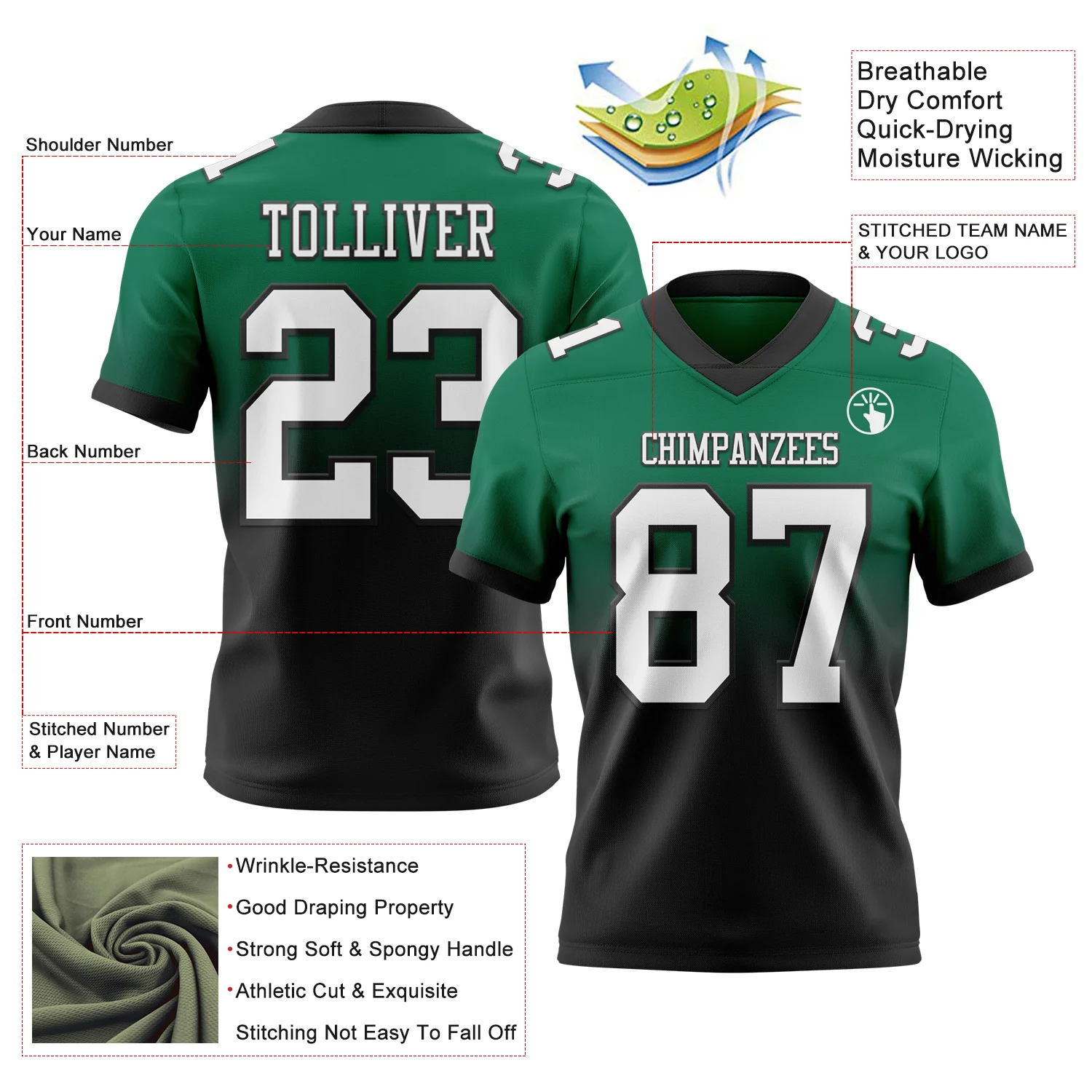 Custom Kelly Green White-Black Authentic Fade Fashion Football Jersey