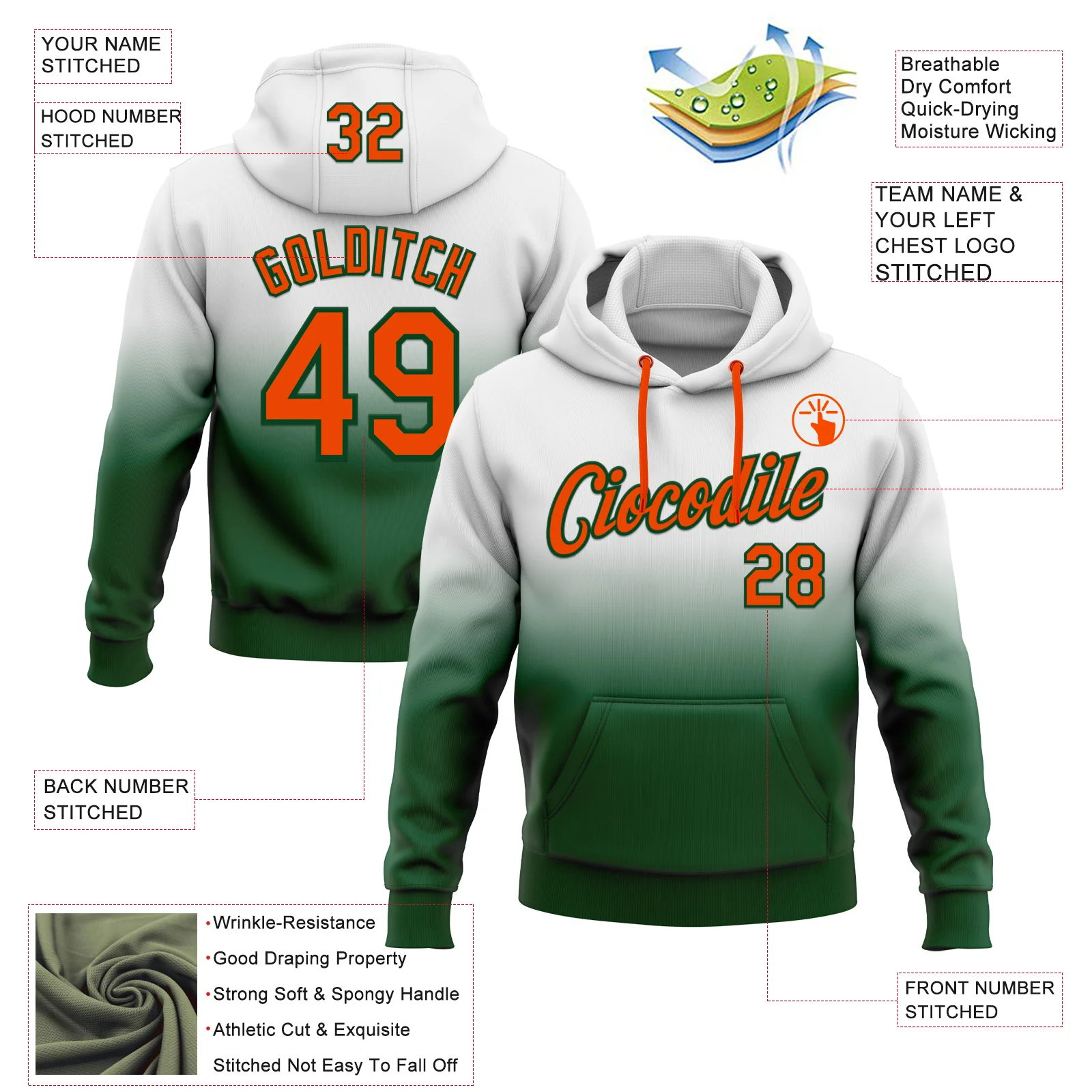 Custom Stitched White Orange-Green Fade Fashion Sports Pullover Sweatshirt Hoodie