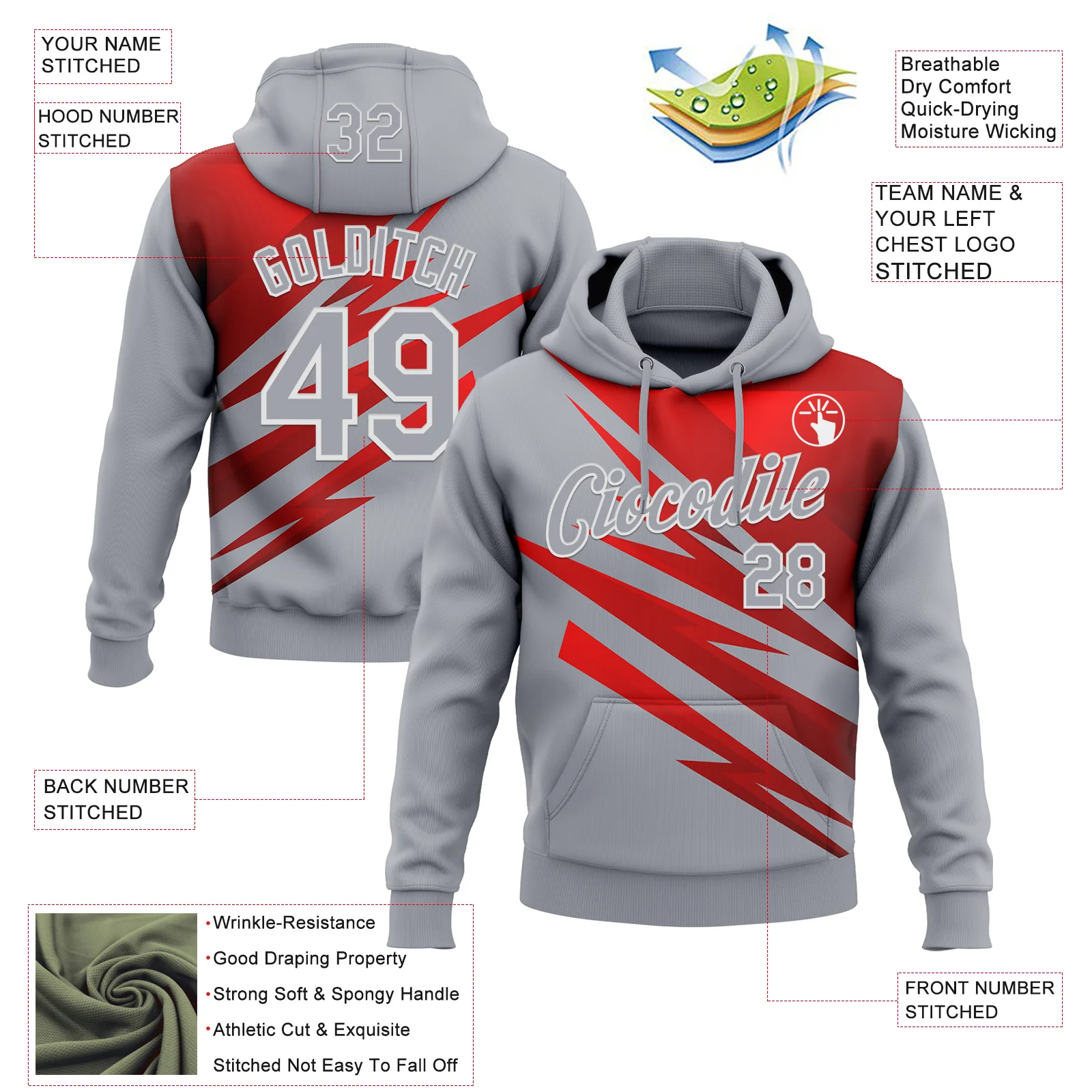 Custom Stitched Gray Red-White 3D Pattern Design Line Sports Pullover Sweatshirt Hoodie