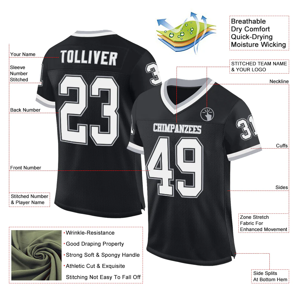 Custom Black White-Gray Mesh Authentic Throwback Football Jersey