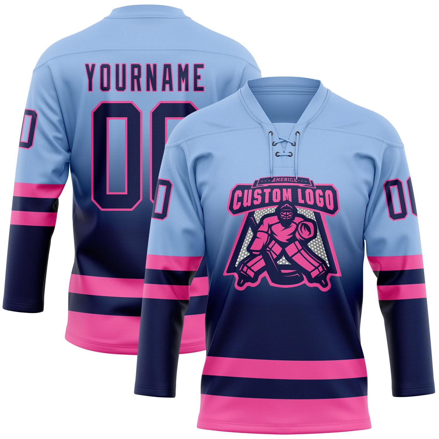 Custom Light Blue Navy-Pink Fade Fashion Hockey Lace Neck Jersey