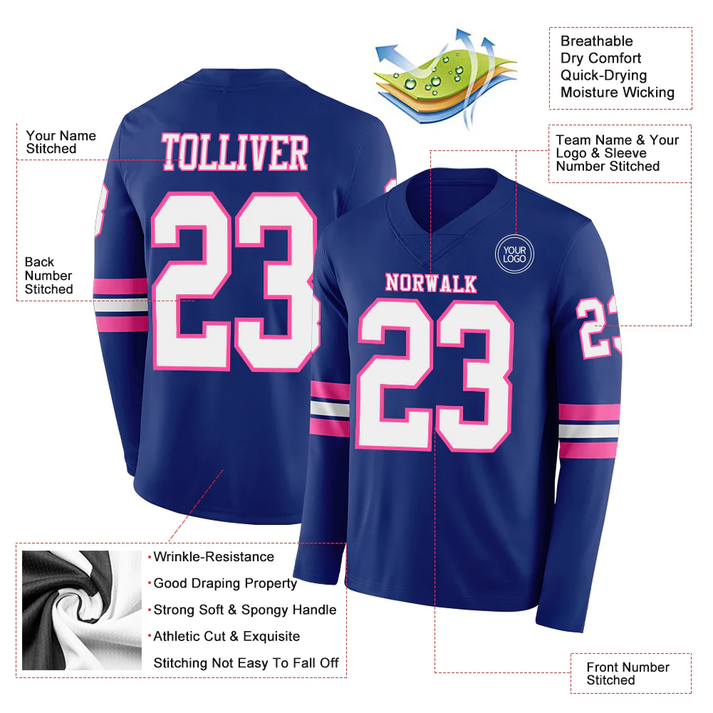 Custom Royal White-Pink Long Sleeve Authentic Football Jersey