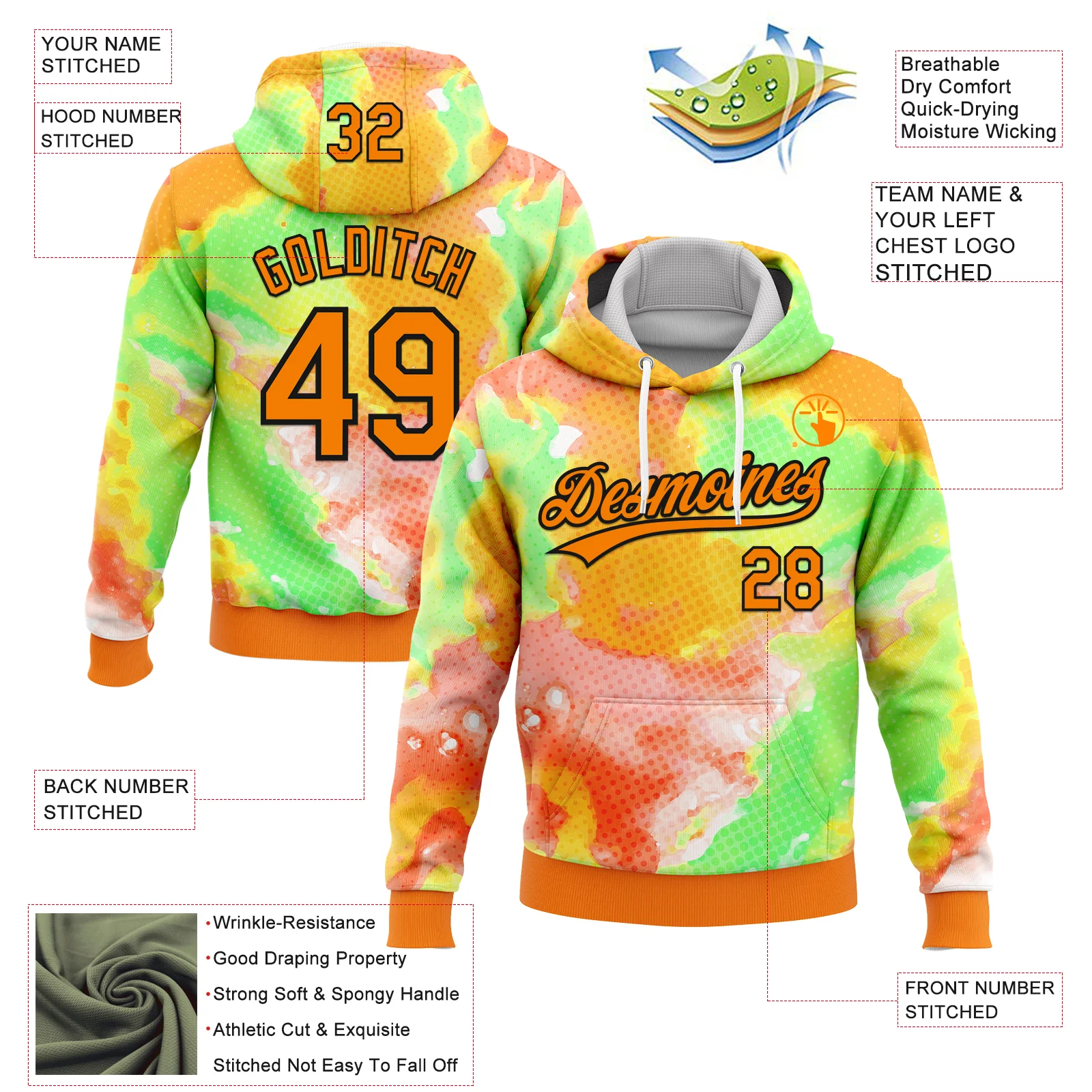 Custom Stitched Tie Dye Bay Orange-Black 3D Sports Pullover Sweatshirt Hoodie