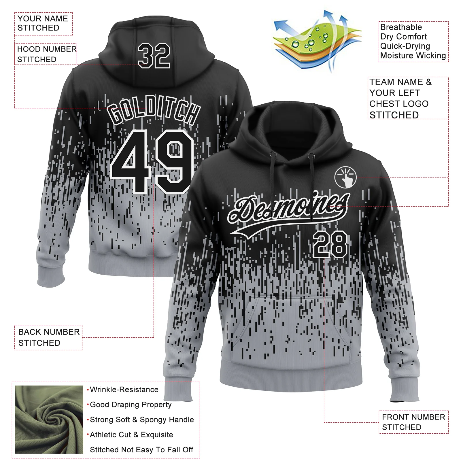 Custom Stitched Gray Black-White 3D Pattern Design Abstract Shape Sports Pullover Sweatshirt Hoodie