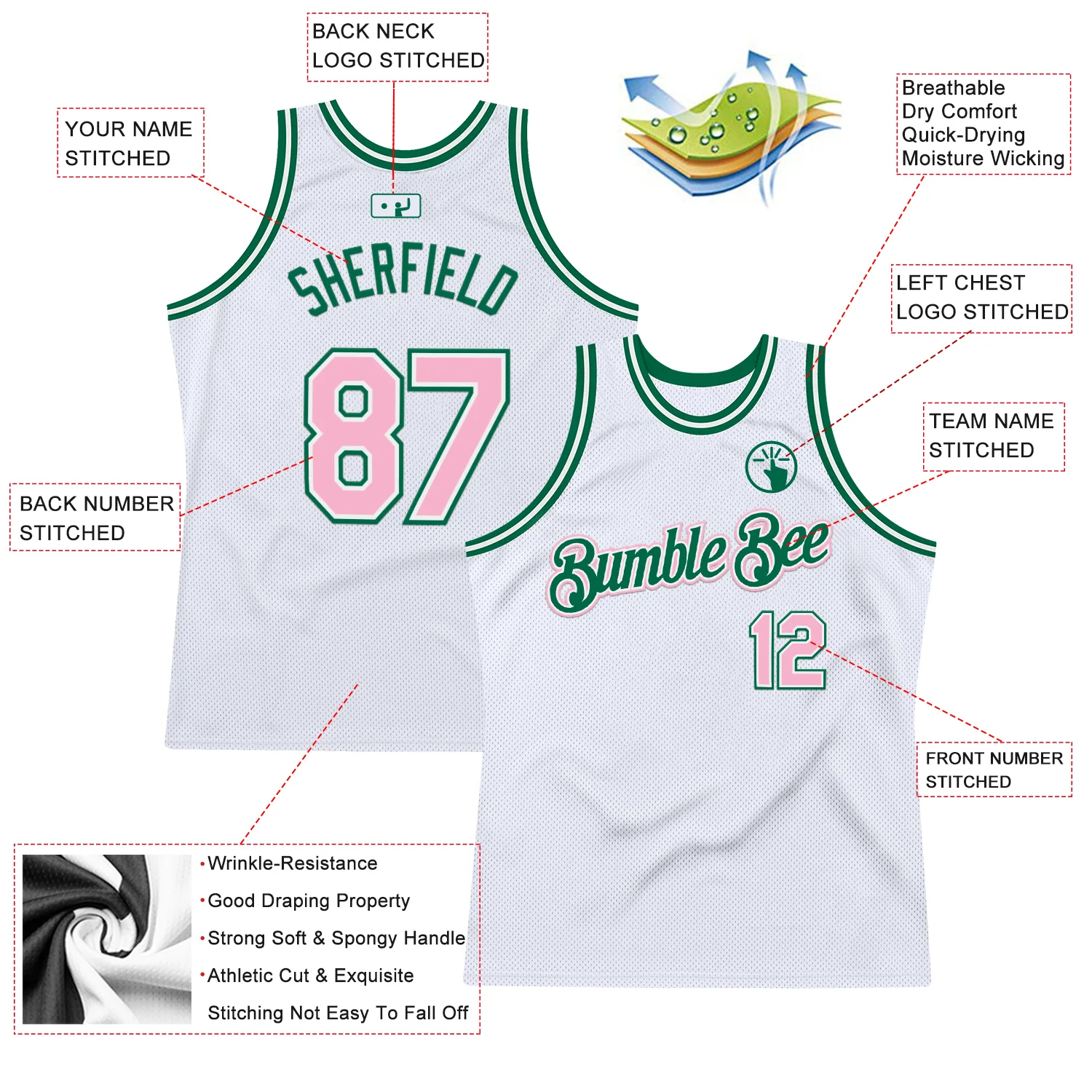 Custom White Light Pink-Kelly Green Authentic Throwback Basketball Jersey