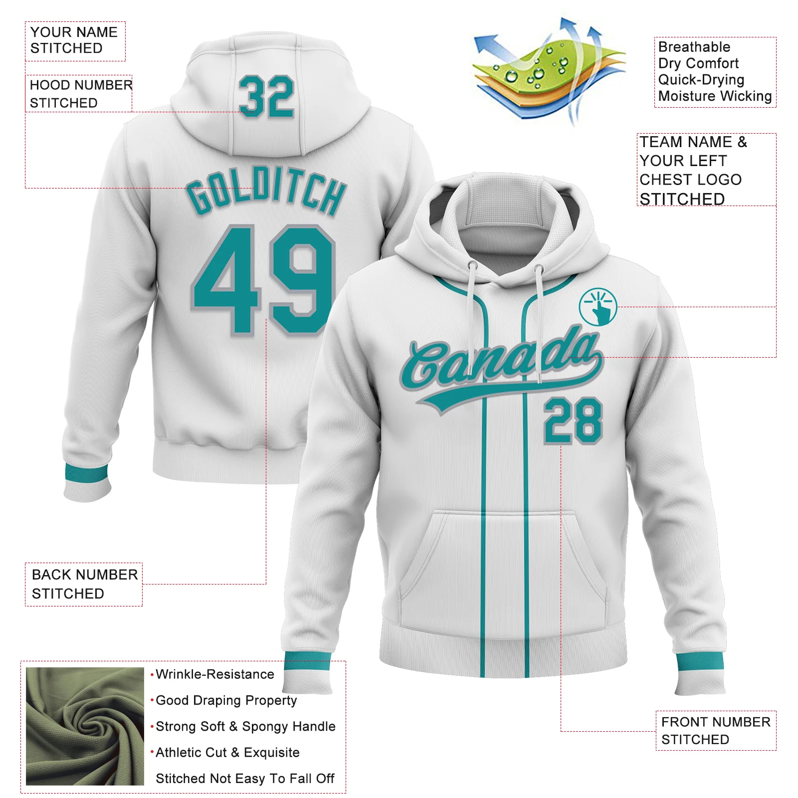 Custom Stitched White Teal-Gray Baseball Pullover Sweatshirt Hoodie