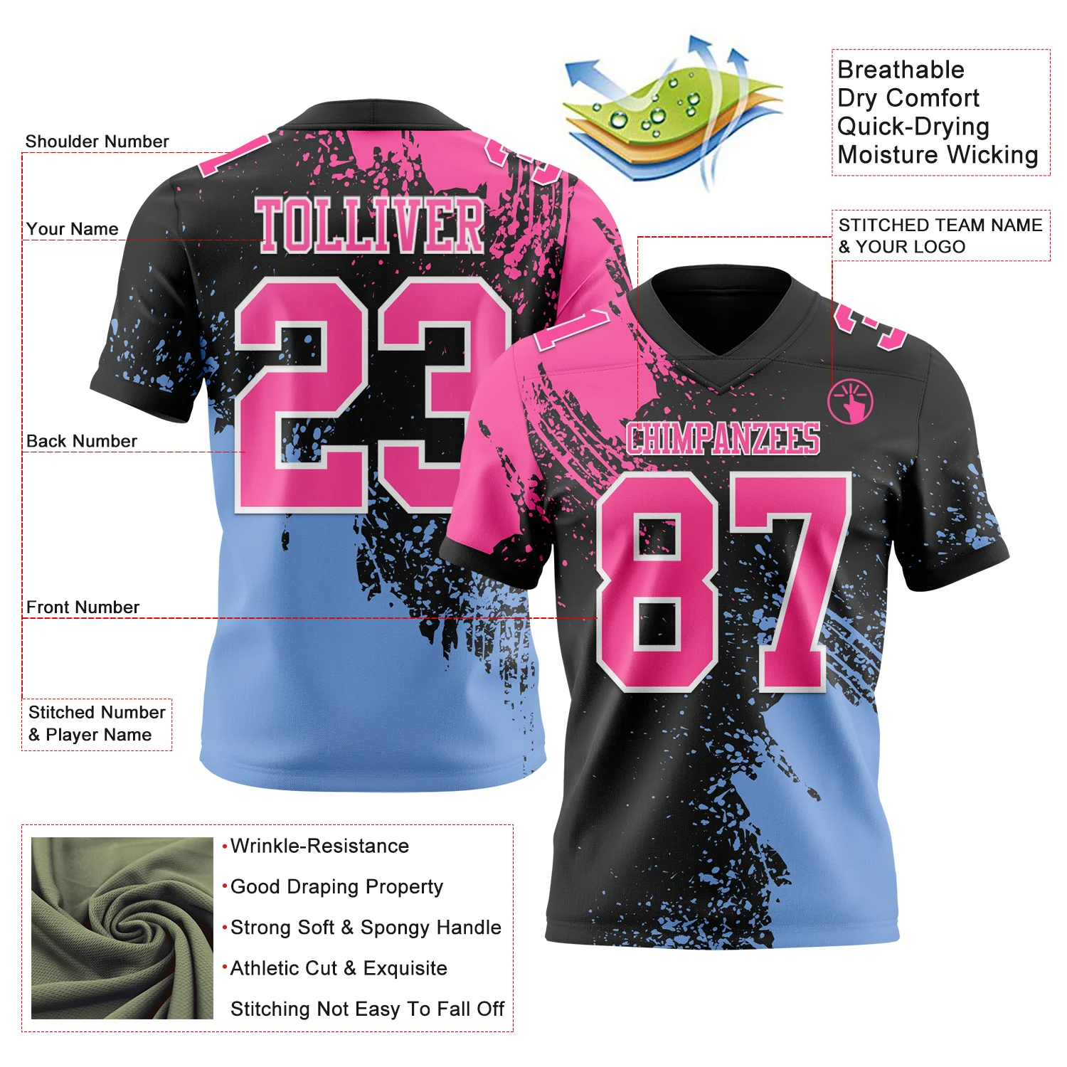 Custom Black Pink Light Blue-White 3D Pattern Abstract Brush Stroke Authentic Football Jersey
