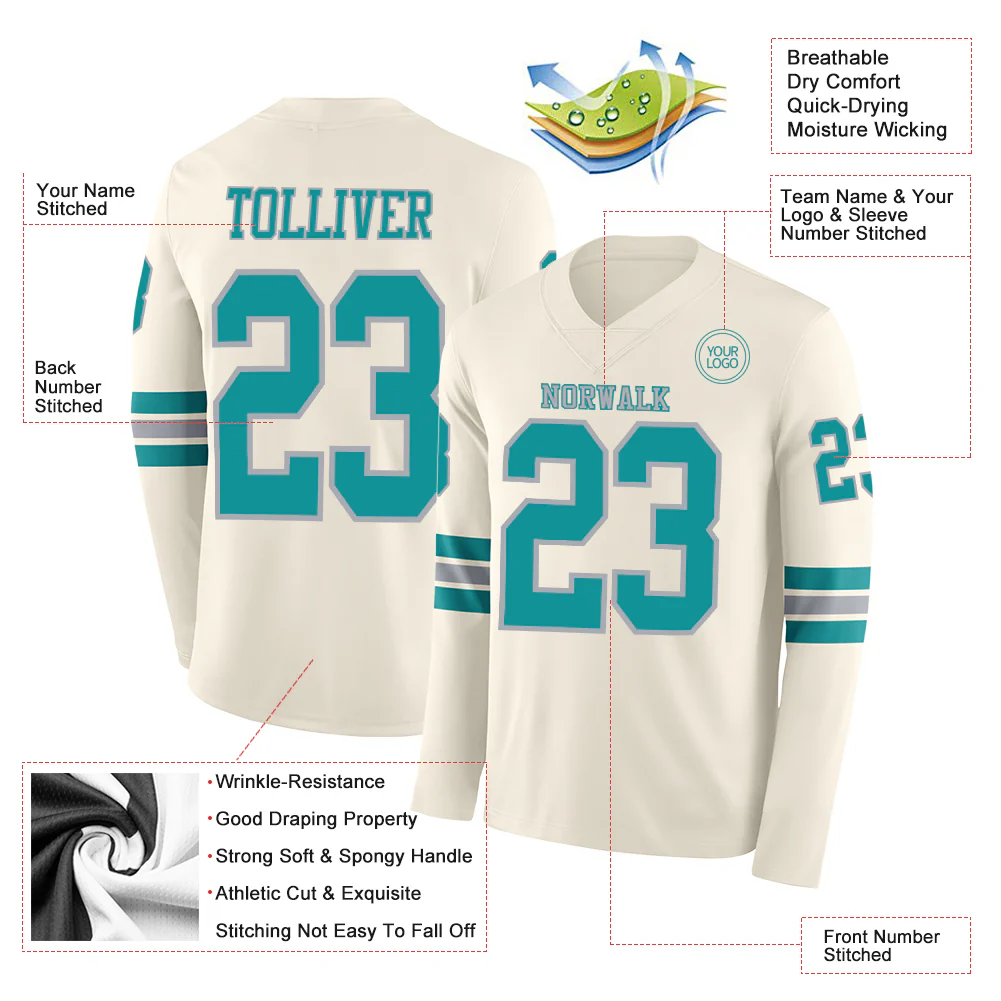 Custom Cream Teal-Gray Long Sleeve Authentic Football Jersey