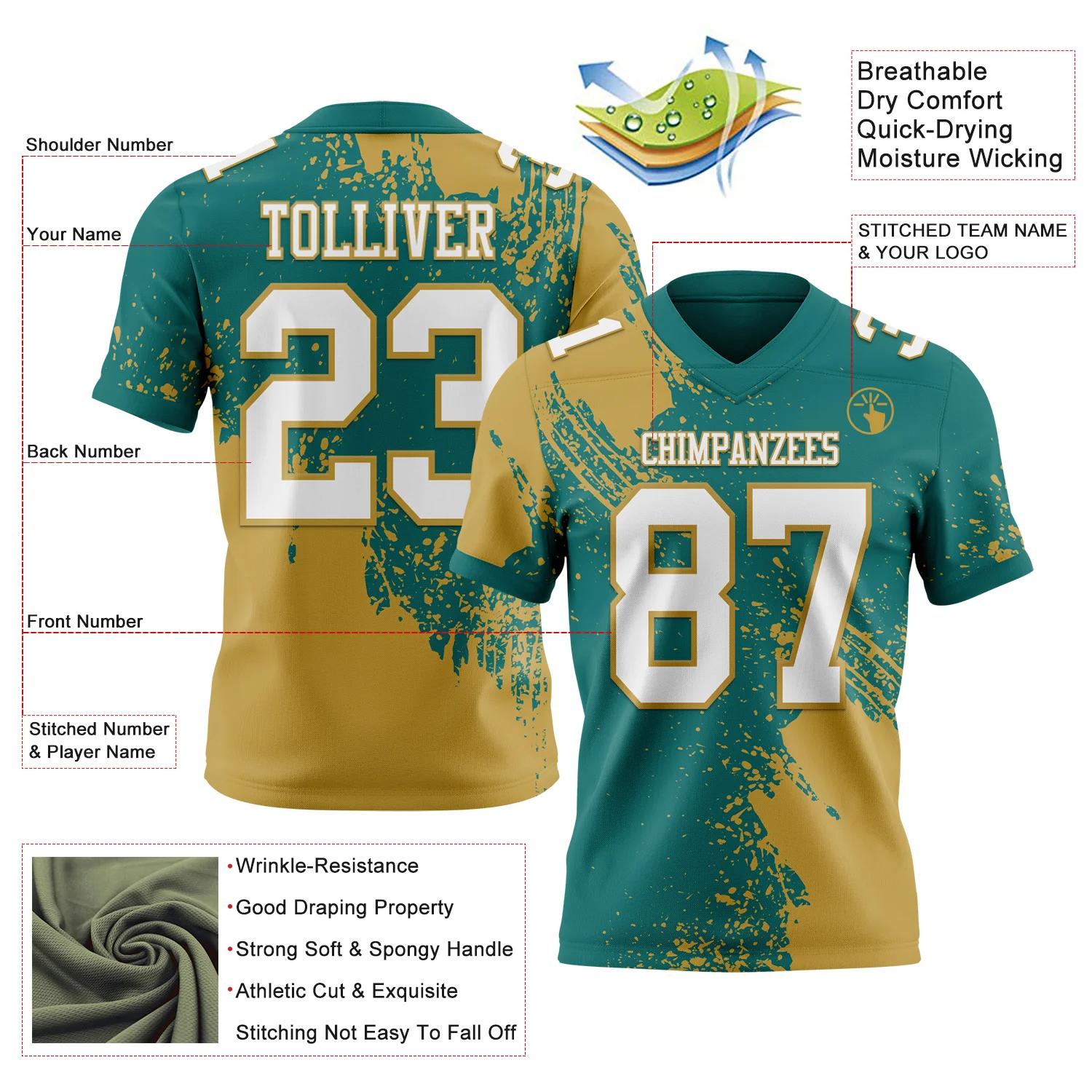 Custom Teal White-Old Gold 3D Pattern Abstract Brush Stroke Authentic Football Jersey