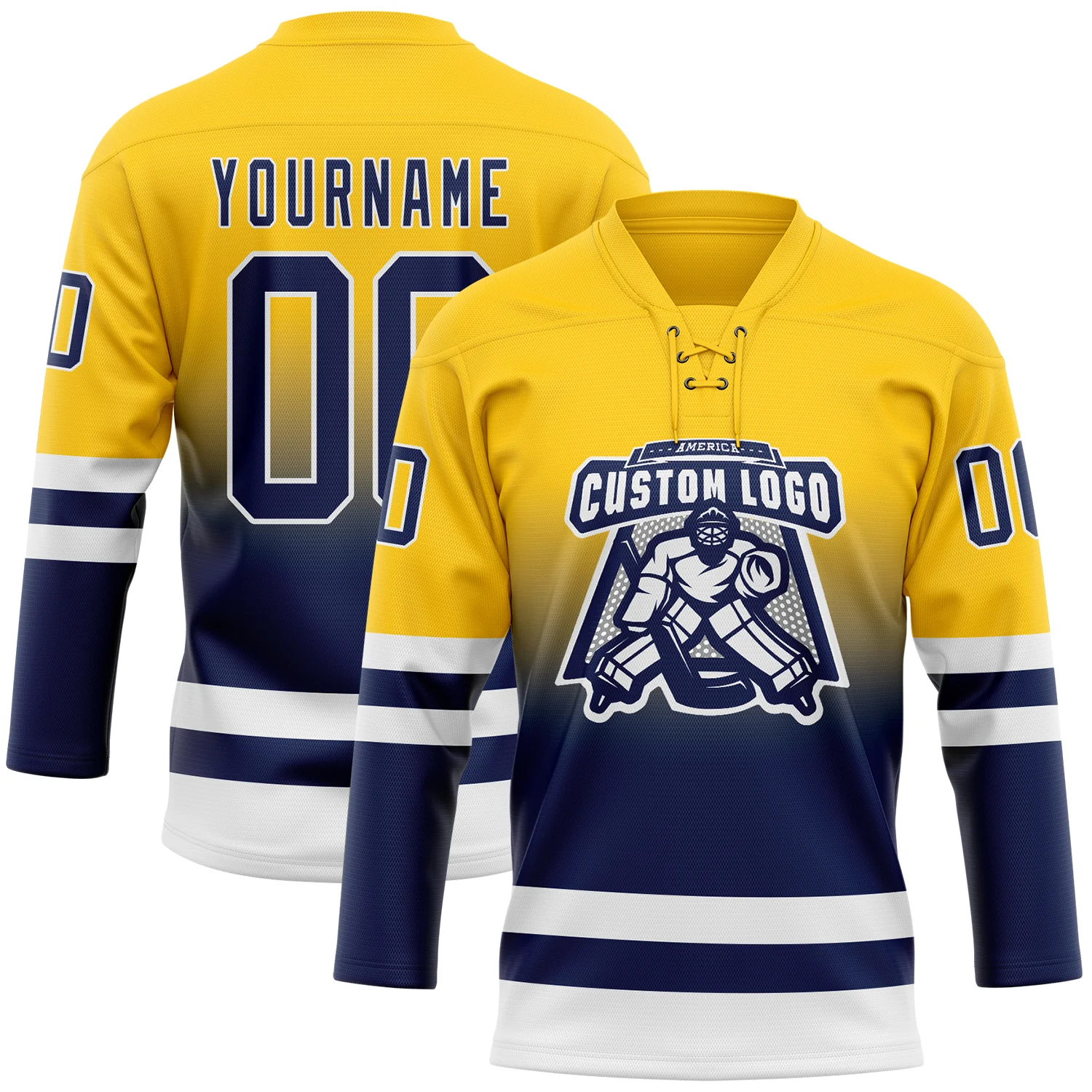 Custom Yellow Navy-White Fade Fashion Hockey Lace Neck Jersey