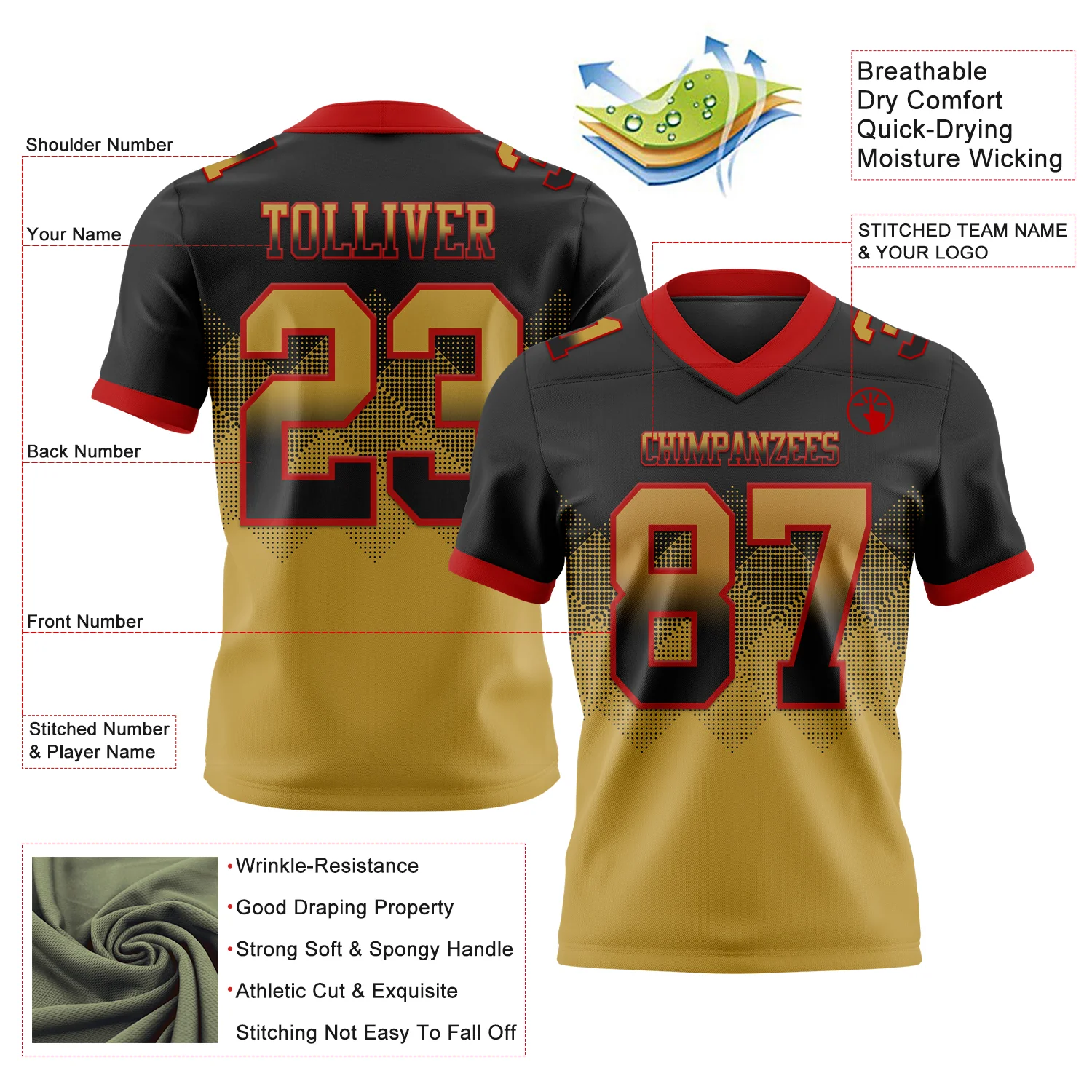 Custom Black Old Gold-Red Authentic Gradient Square Shape Flag Football Jersey