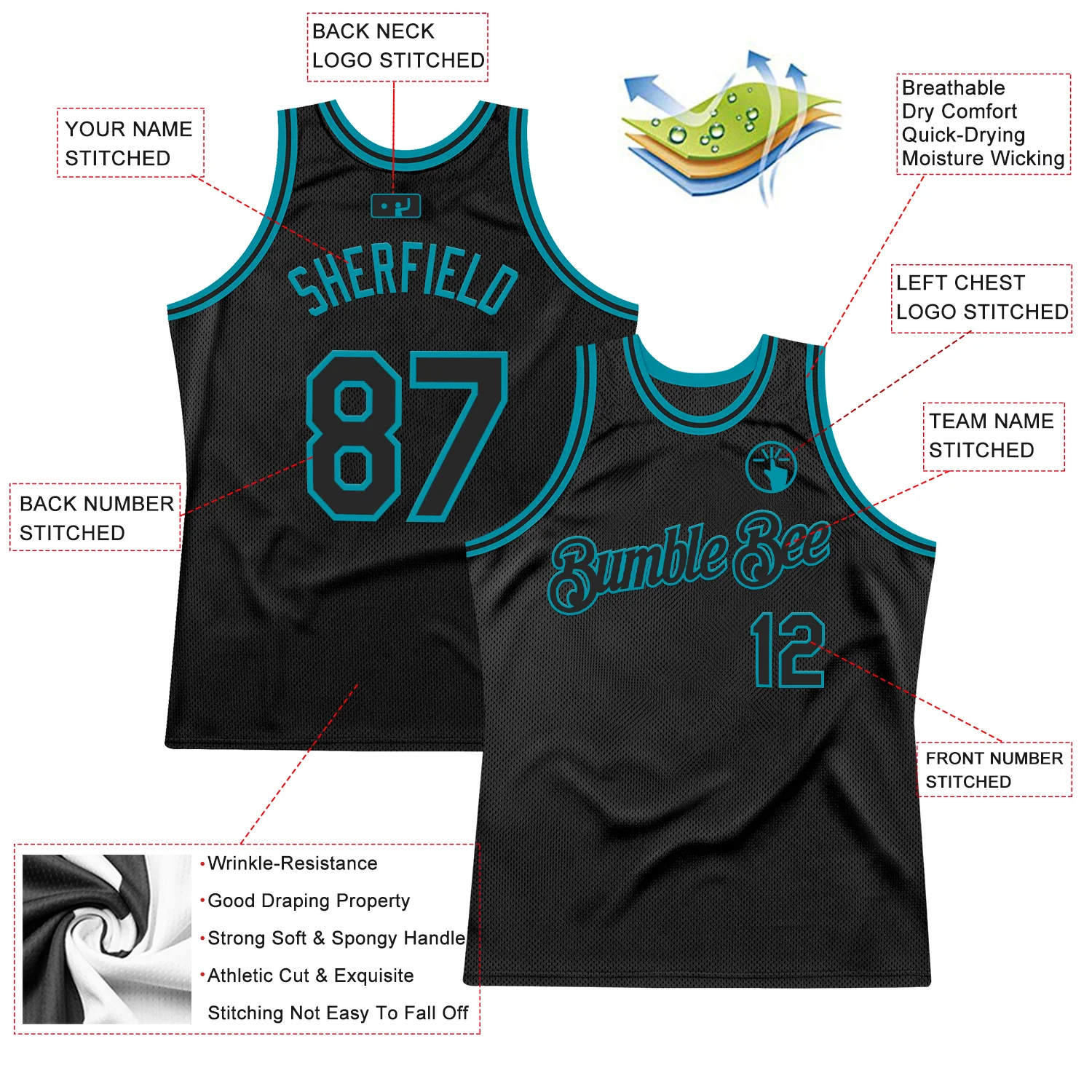 Custom Black Teal Authentic Throwback Basketball Jersey