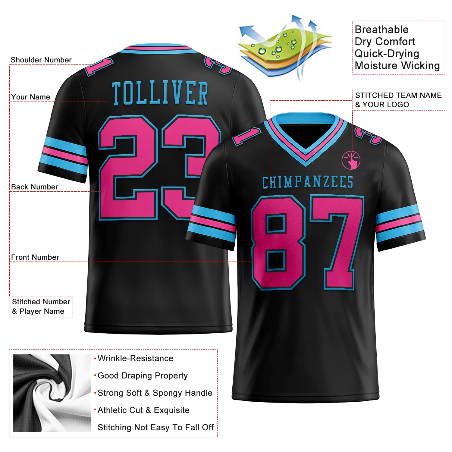 Custom Black Pink-Sky Blue Authentic Football Jersey