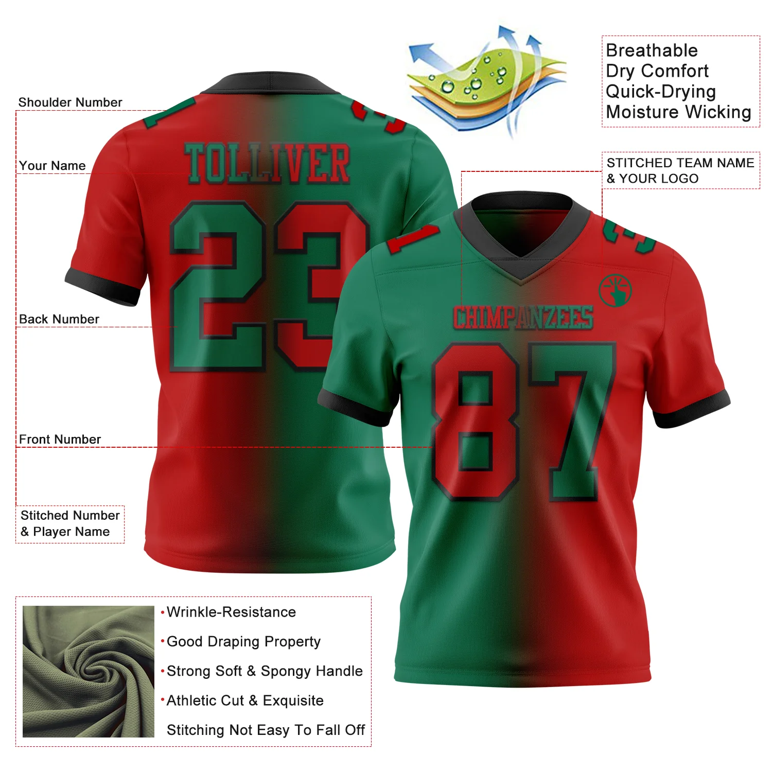 Custom Red Kelly Green-Black Authentic Gradient Fashion Football Jersey