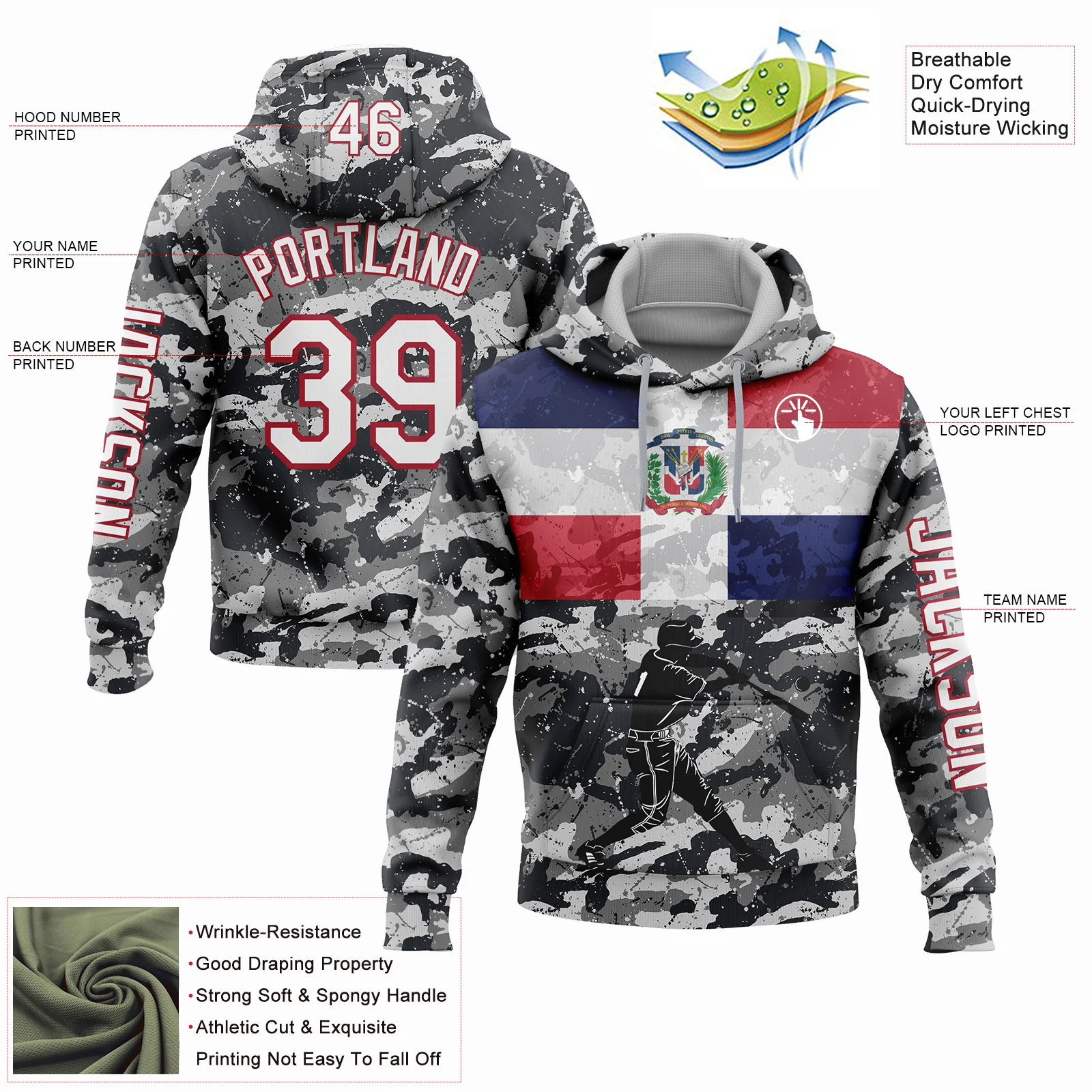 Custom Camo White-Red 3D Dominican Republic Flag Sports Pullover Sweatshirt Salute To Service Hoodie
