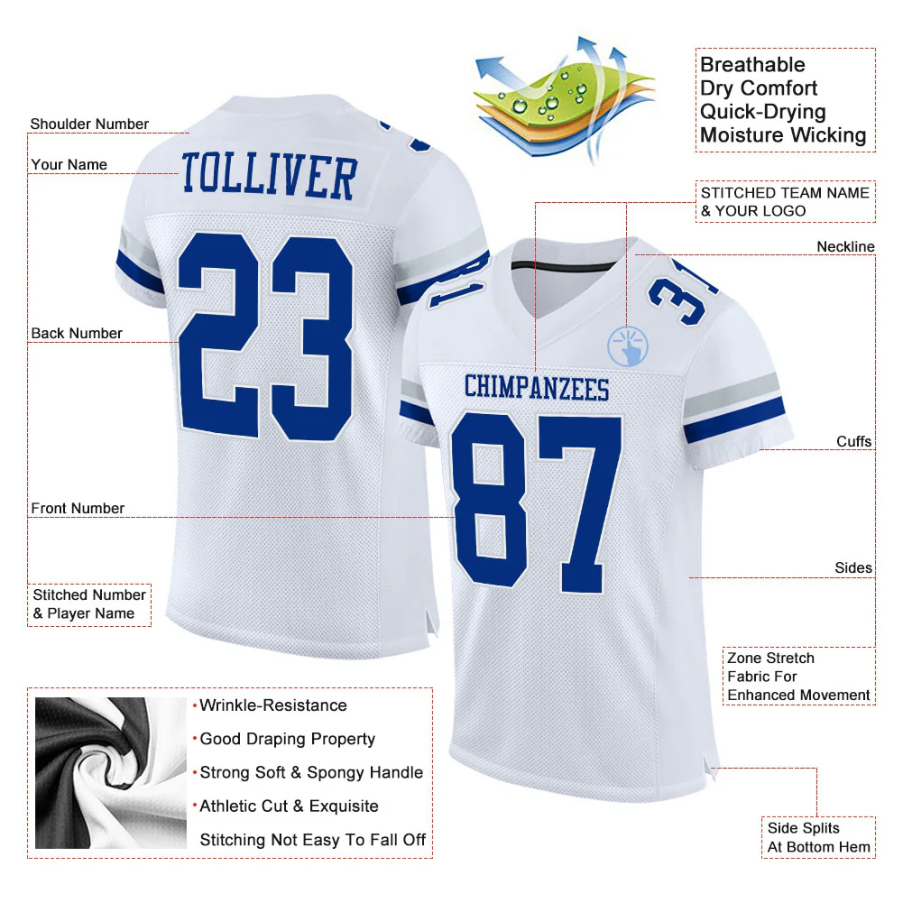 Custom White Royal-Silver Mesh Authentic Football Jersey