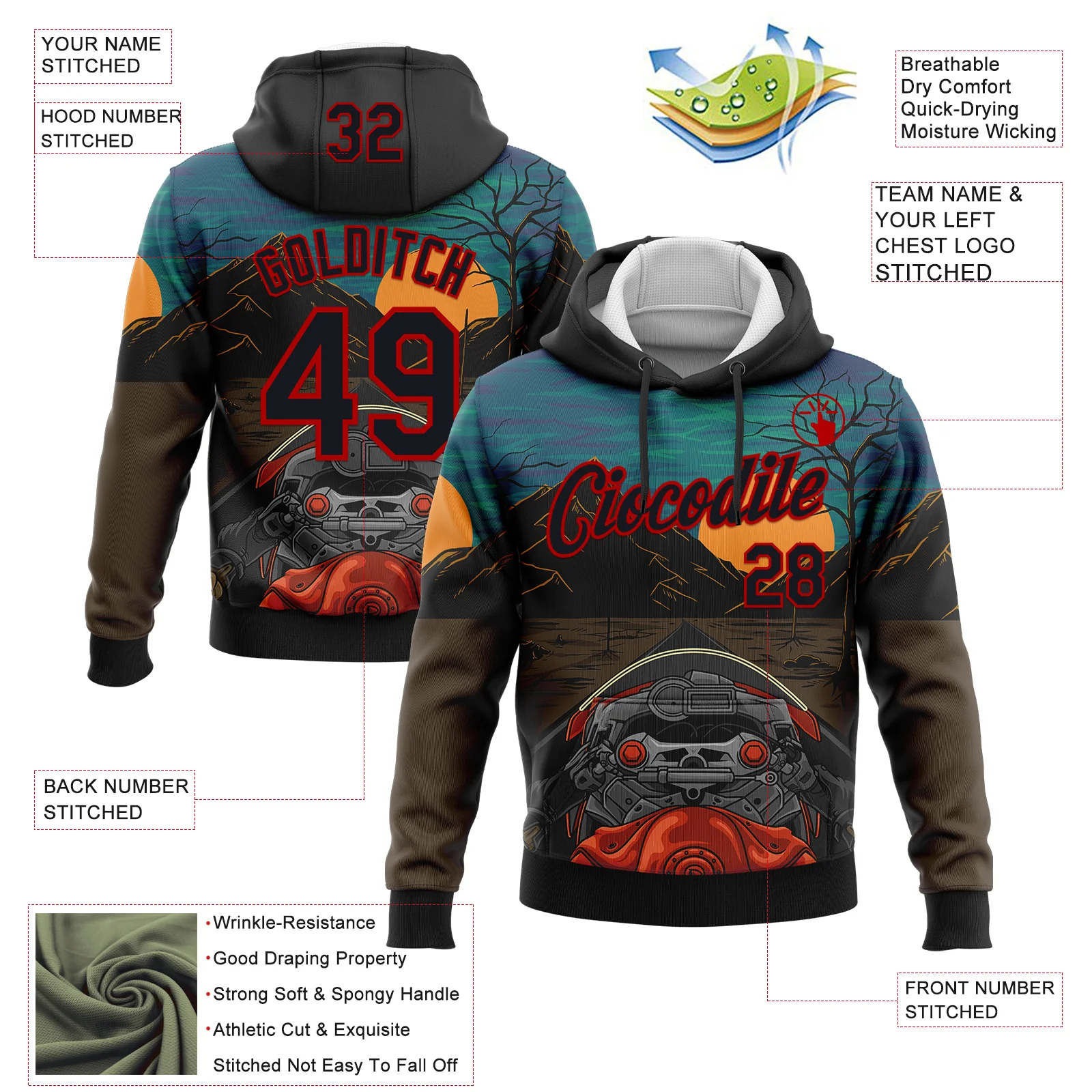 Custom Stitched Green Black Brown-Red 3D Pattern Design Motorcycle Motocross Racing Sports Pullover Sweatshirt Hoodie