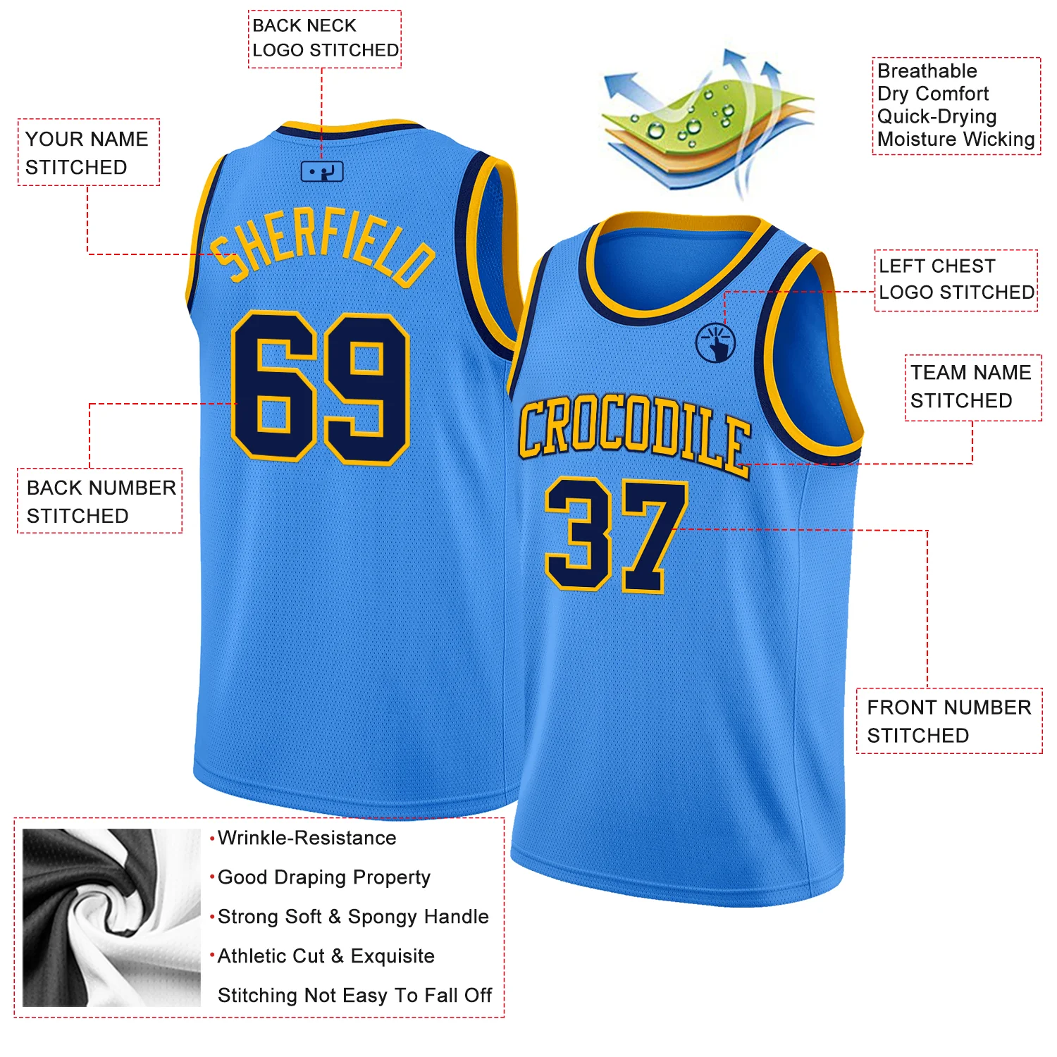 Custom Powder Blue Navy-Gold Authentic Basketball Jersey
