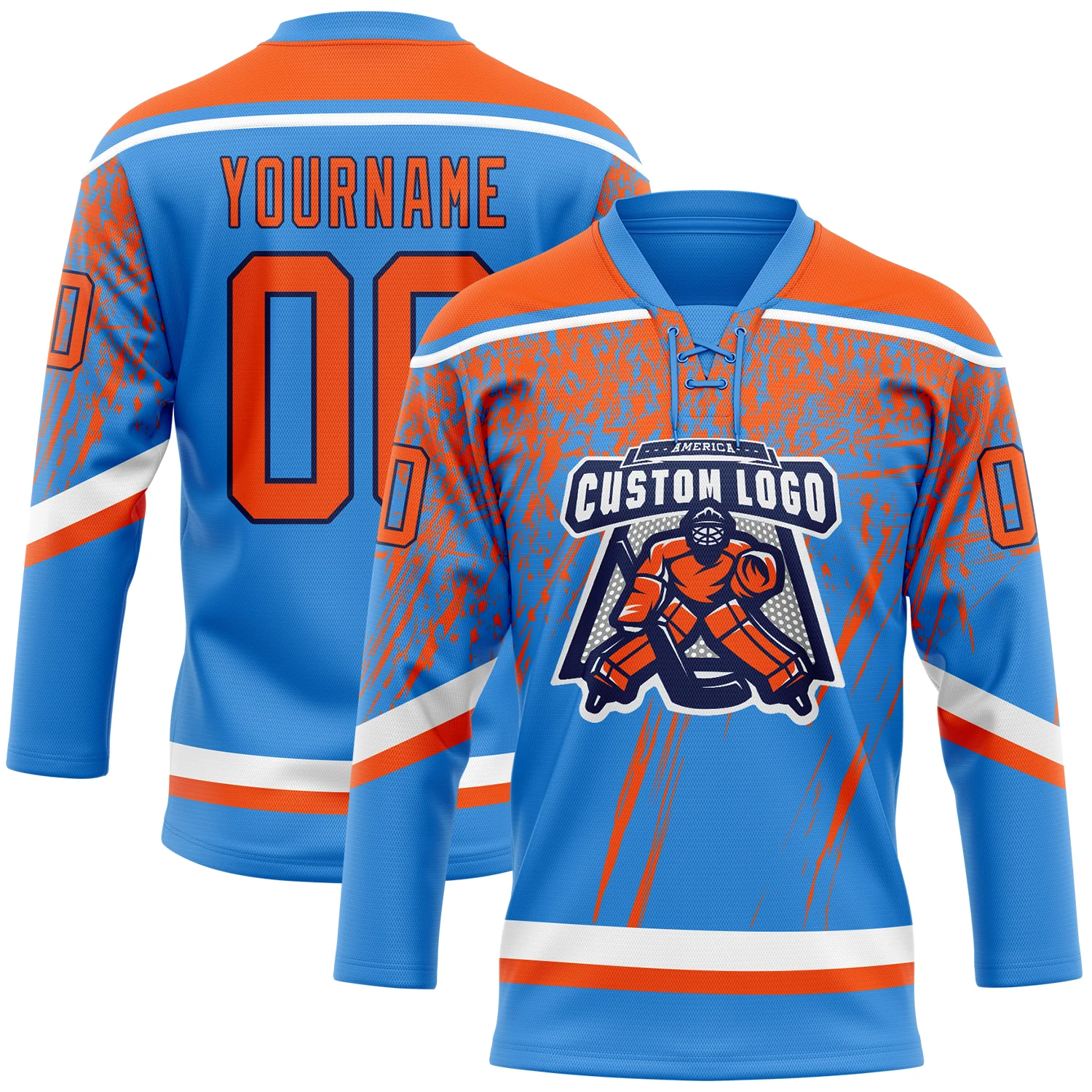 Custom Powder Blue Orange Navy-White 3D Splash Hockey Lace Neck Jersey