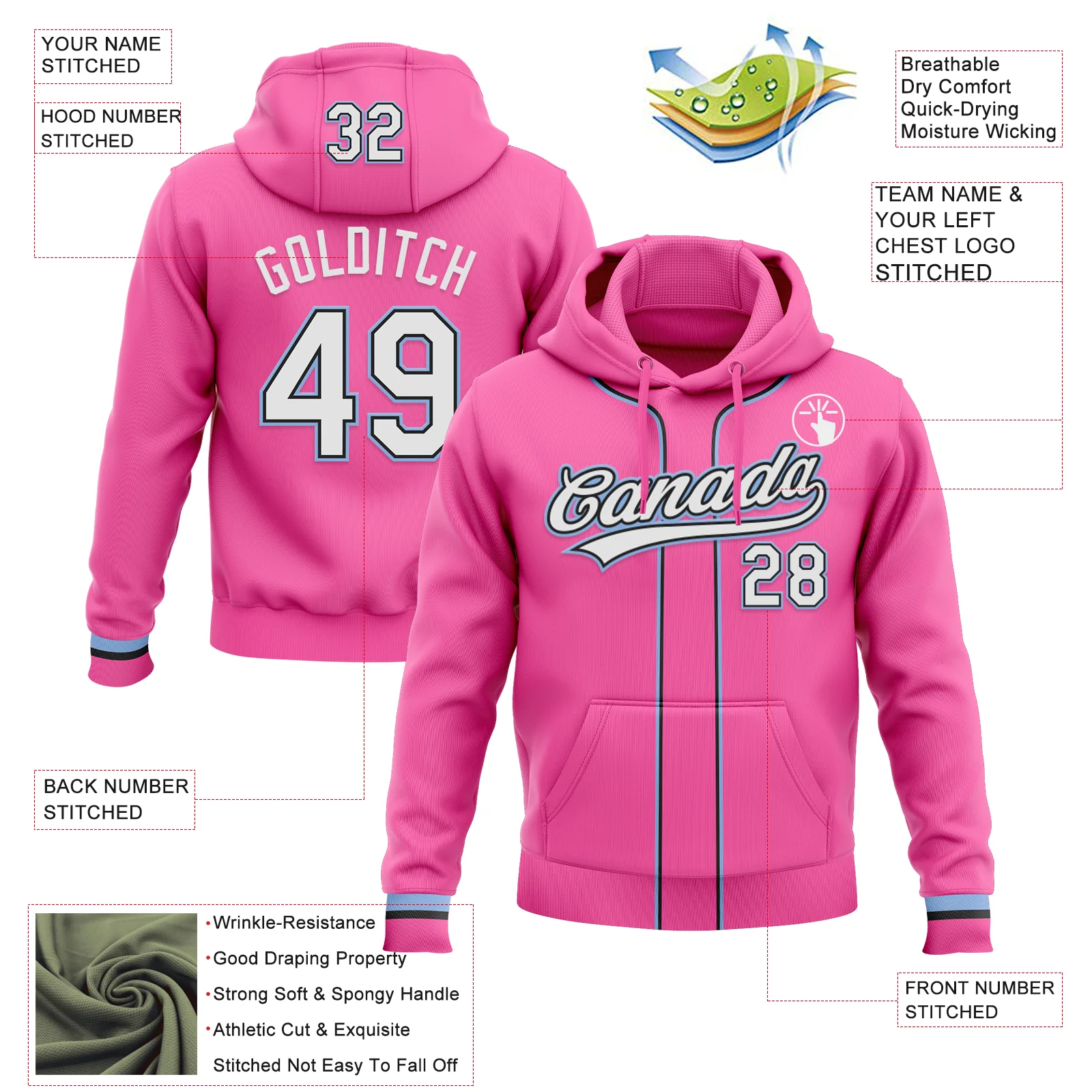 Custom Stitched Pink White Light Blue-Black Baseball Pullover Sweatshirt Hoodie