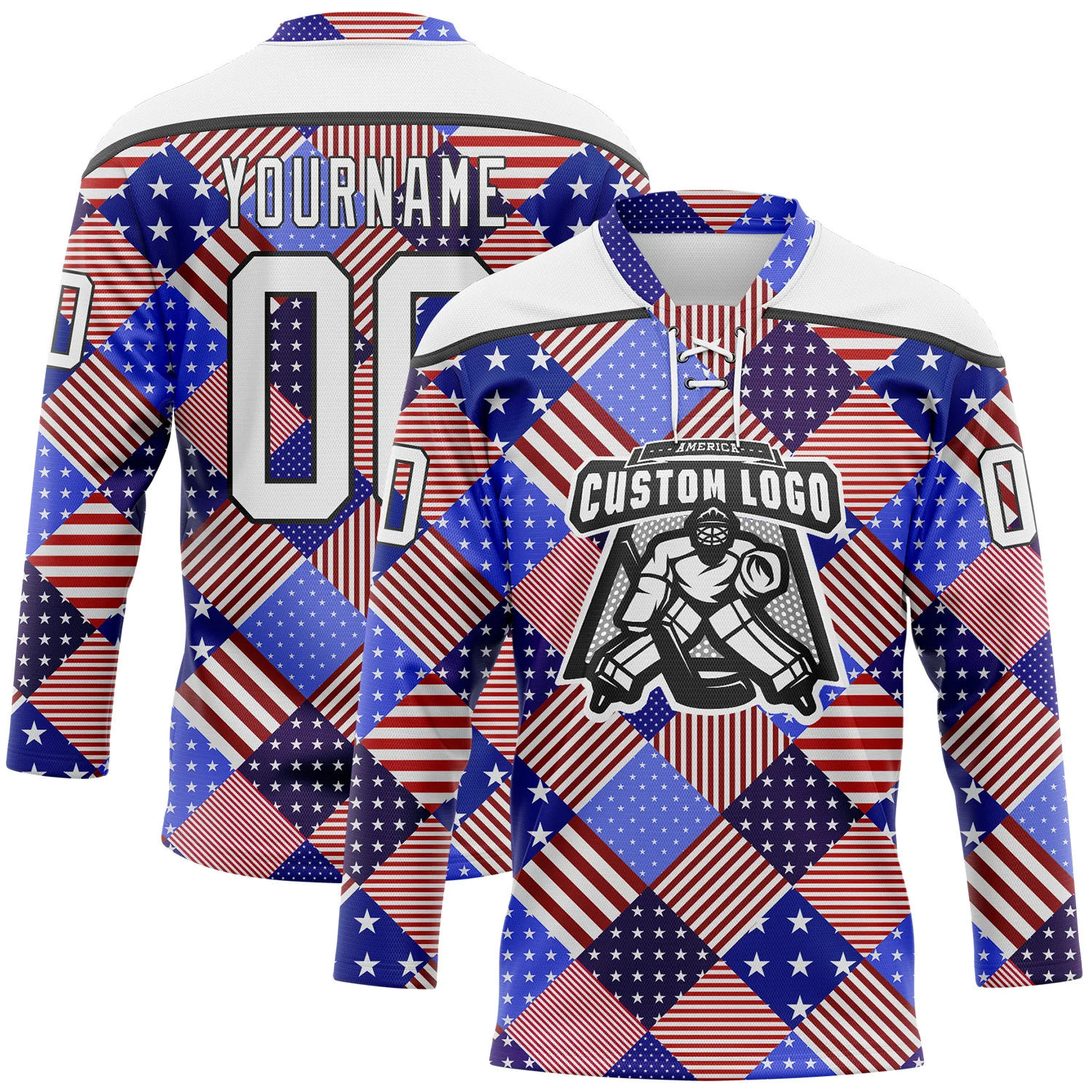 Custom White Royal Red-Black American Flag Hockey Lace Neck Jersey