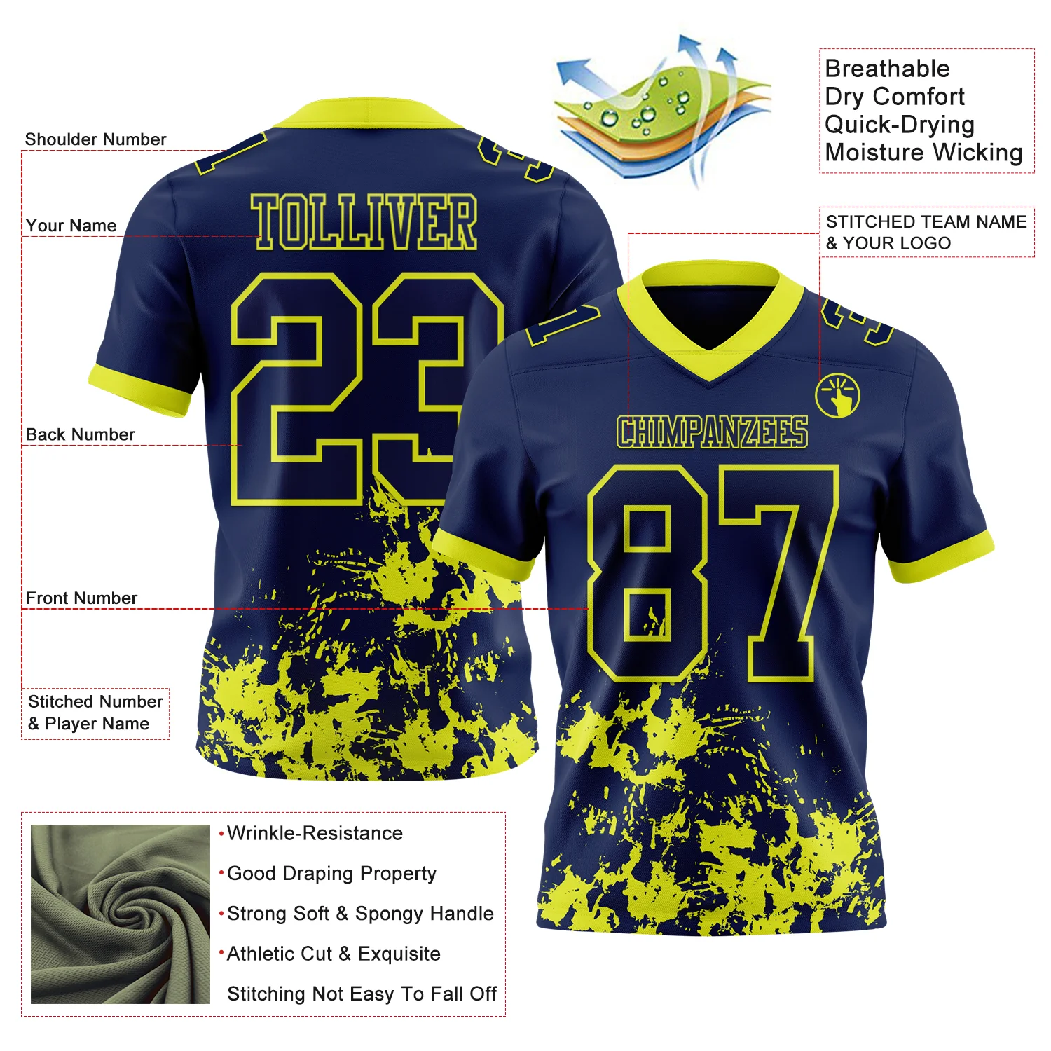 Custom Navy Neon Yellow 3D Pattern Splash Authentic Football Jersey