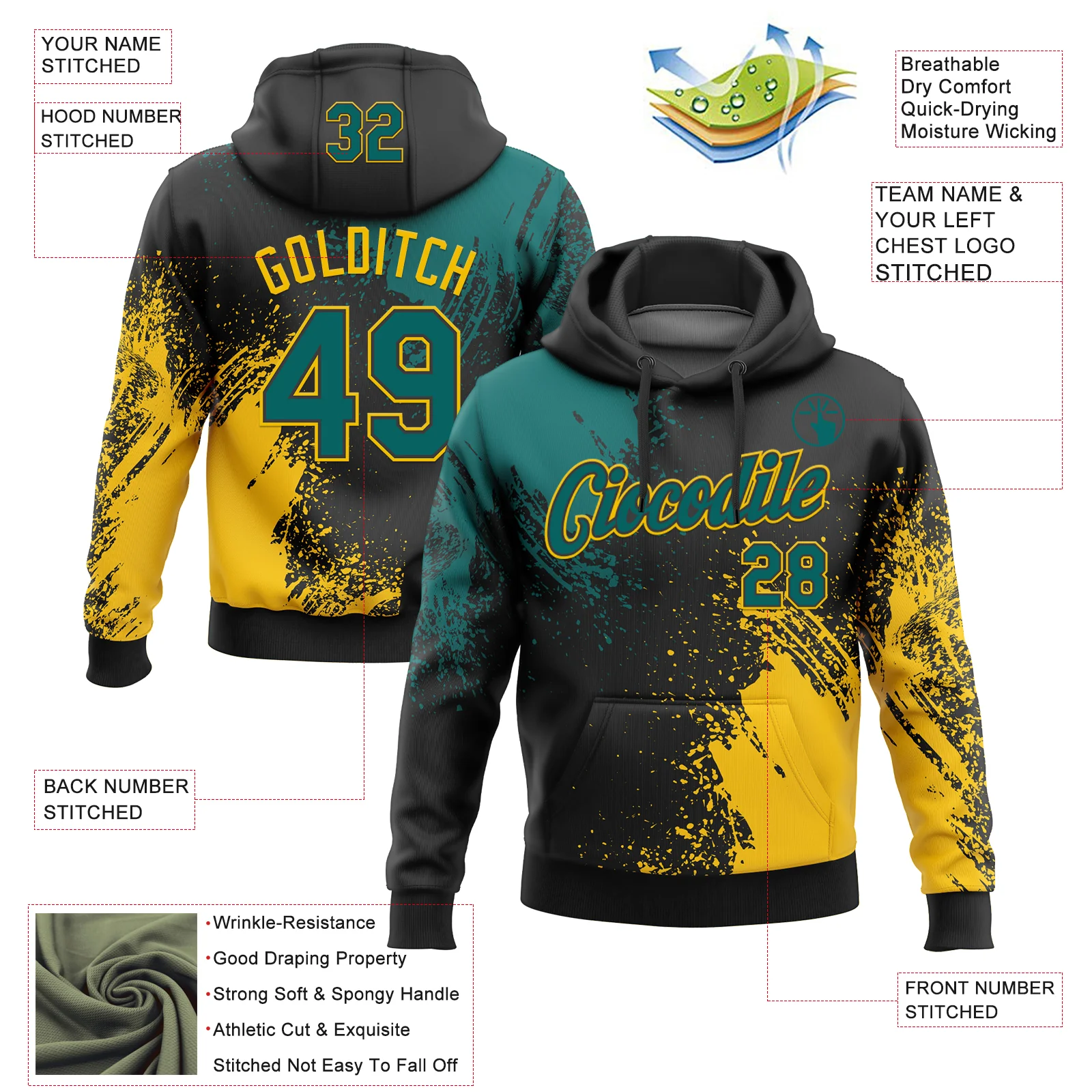 Custom Stitched Black Teal-Yellow 3D Pattern Design Abstract Brush Stroke Sports Pullover Sweatshirt Hoodie