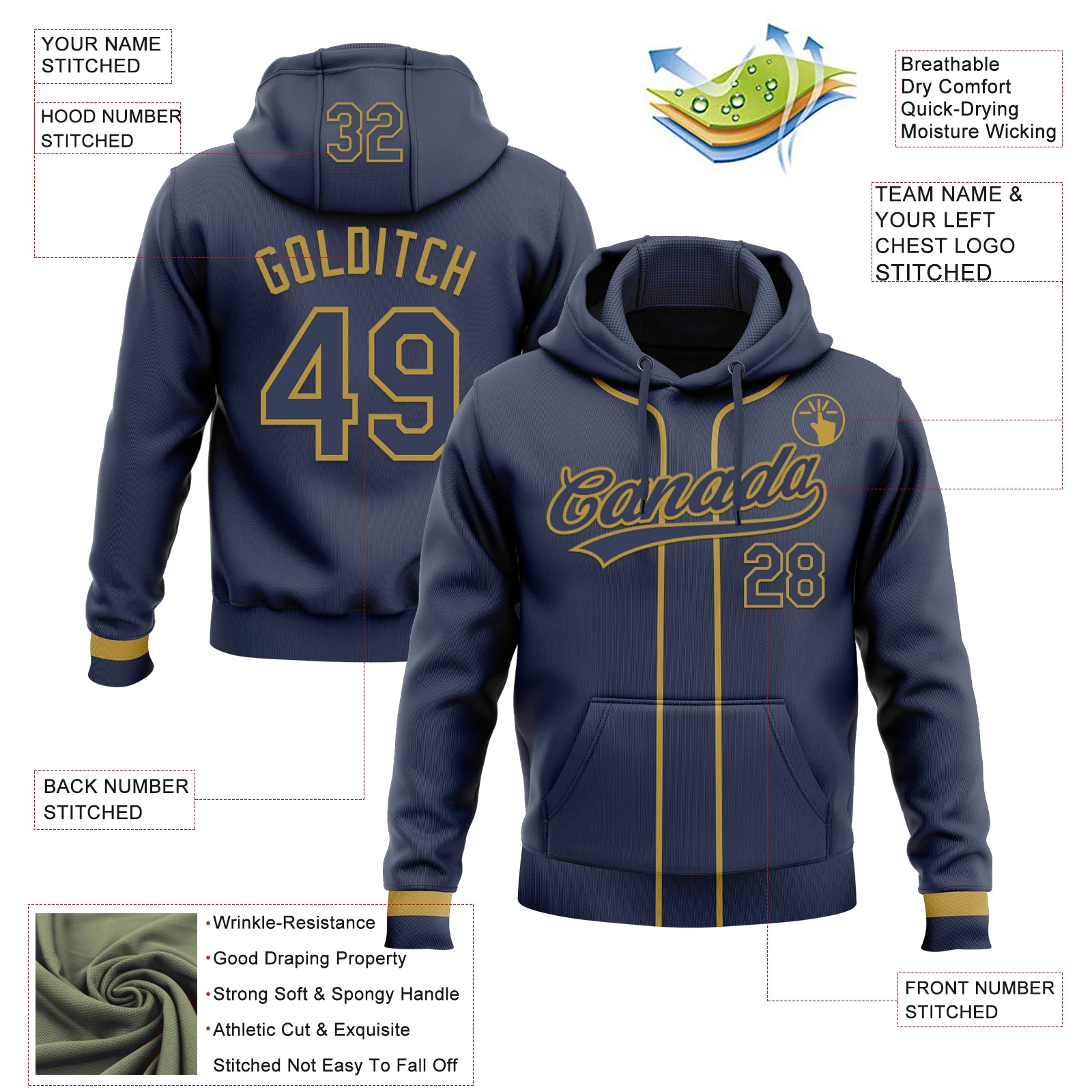 Custom Stitched Navy Old Gold Baseball Pullover Sweatshirt Hoodie