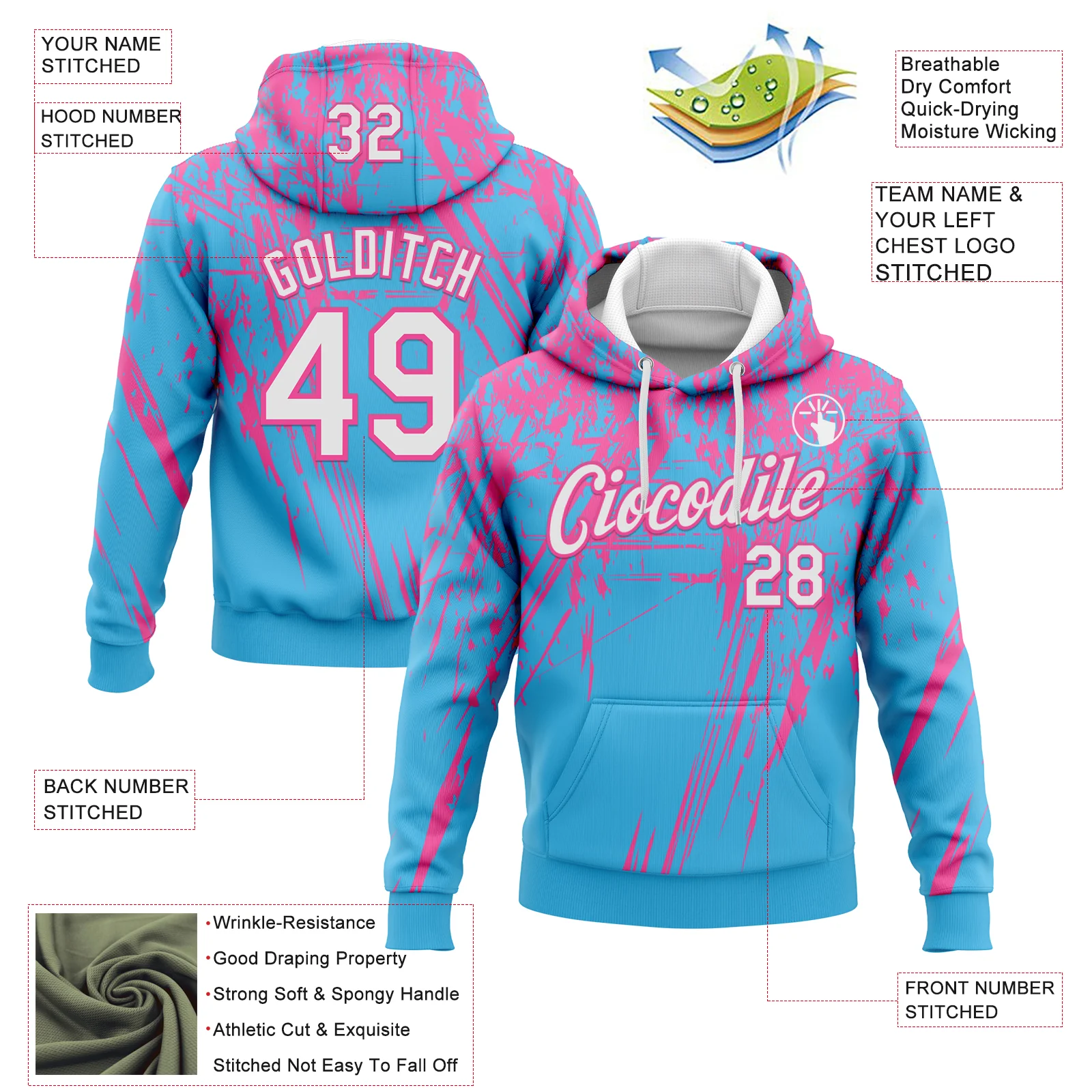 Custom Stitched Sky Blue White-Pink 3D Pattern Design Splash Grunge Art Sports Pullover Sweatshirt Hoodie