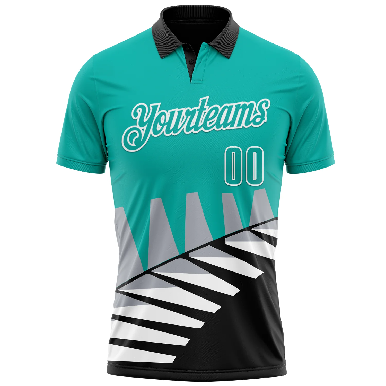 Custom Aqua Black Gray-White 3D Pattern Design Geometric Shapes Performance Polo Shirt