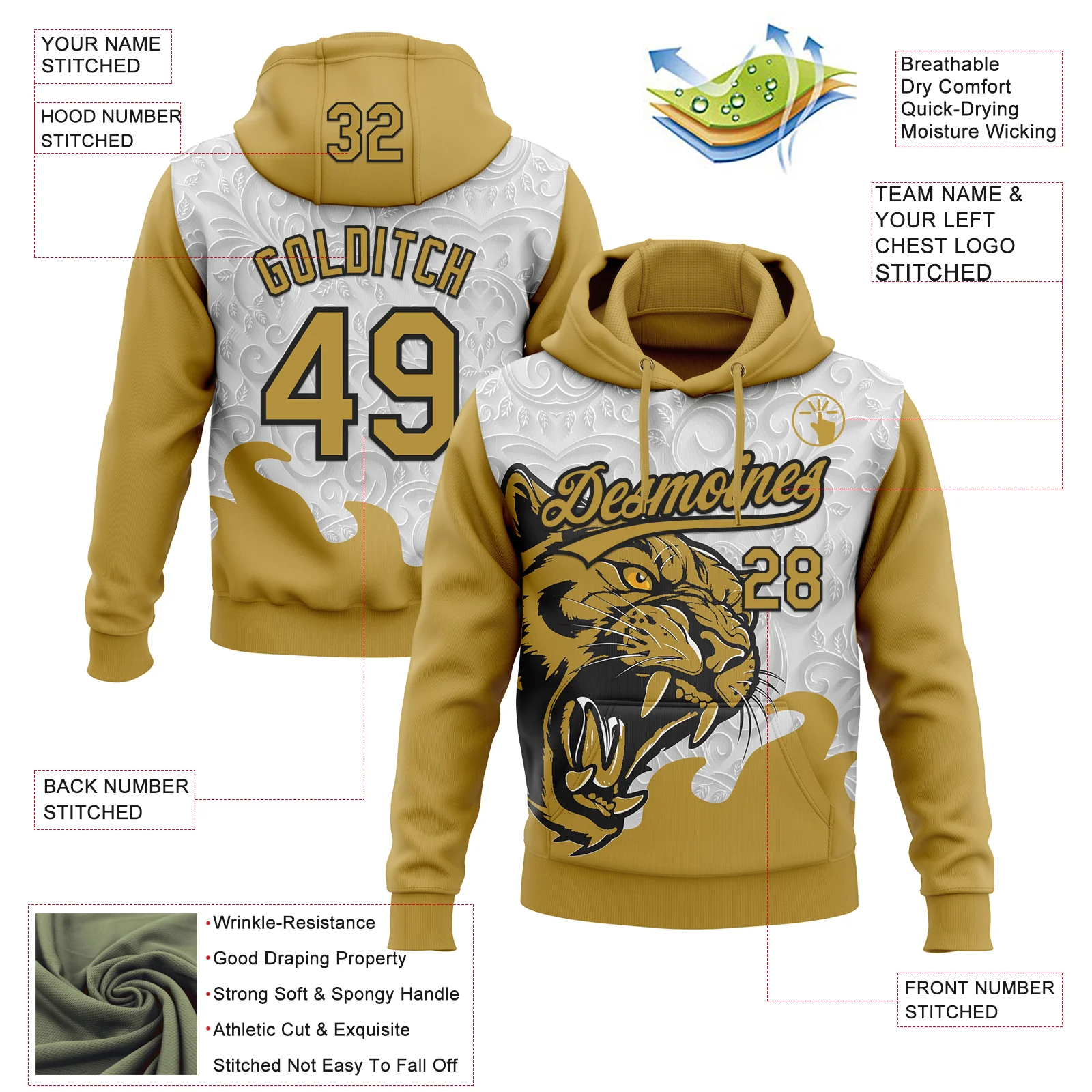 Custom Stitched Gray Old Gold-Black 3D Pattern Design Leopardo Sports Pullover Sweatshirt Hoodie