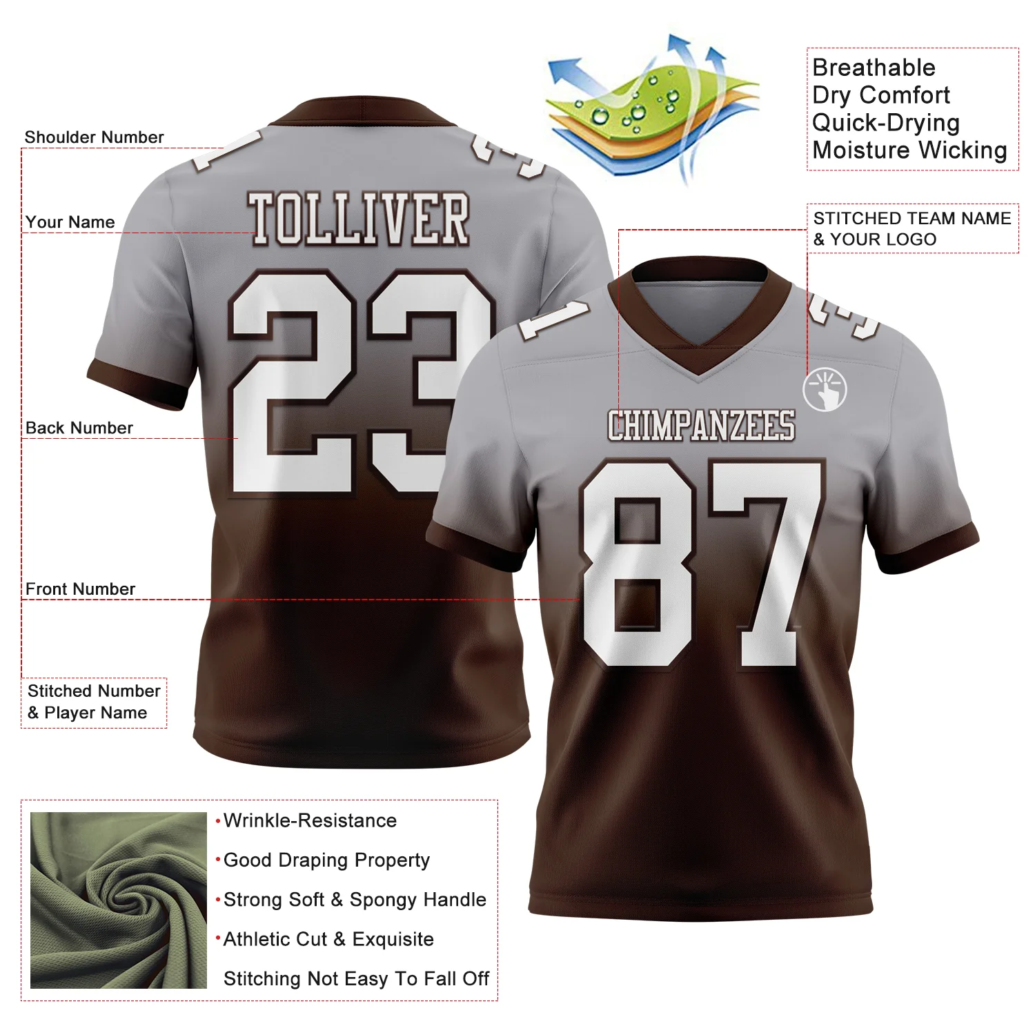 Custom Gray White-Brown Authentic Fade Fashion Football Jersey