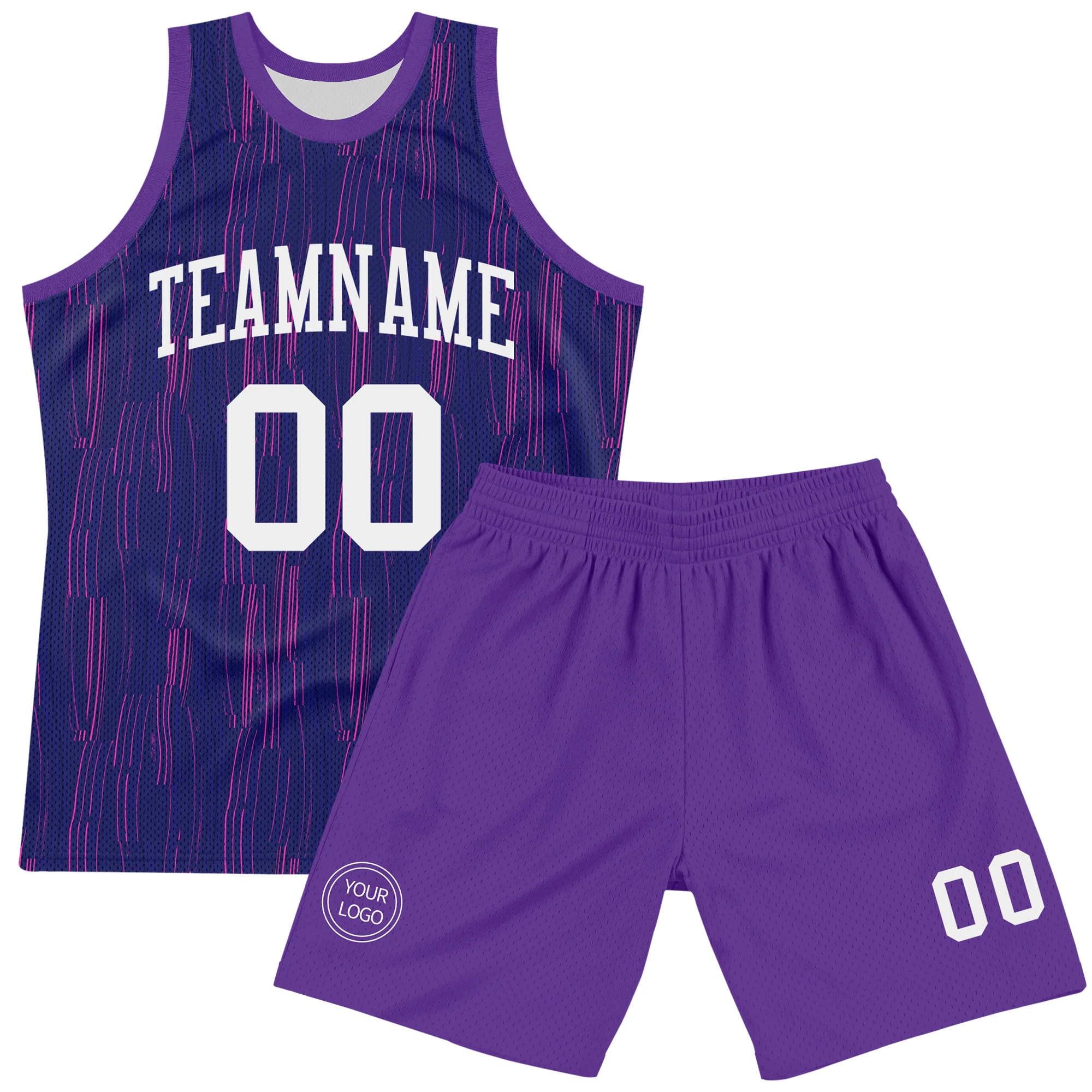 Custom Purple White-Pink Line Round Neck Sublimation Basketball Suit Jersey