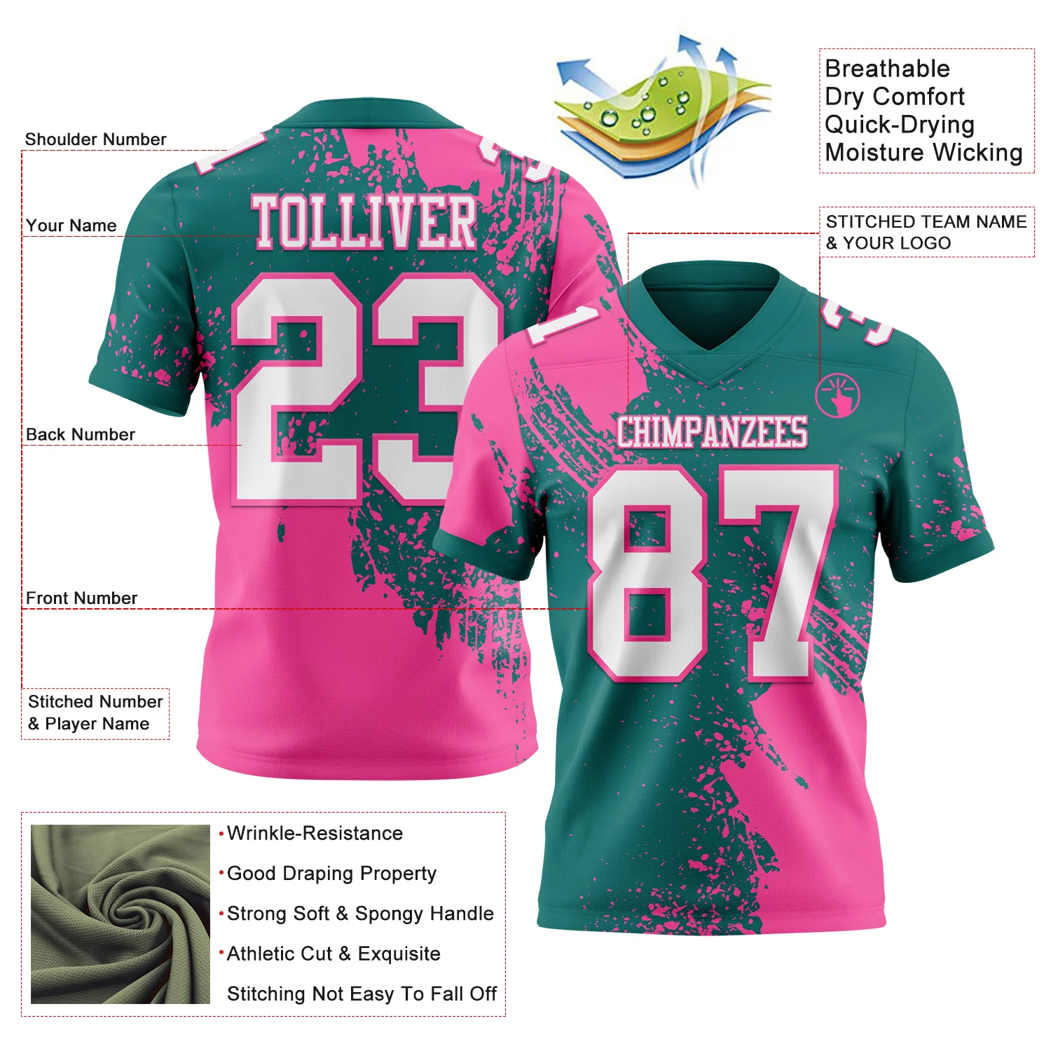 Custom Teal White-Pink 3D Pattern Abstract Brush Stroke Authentic Football Jersey