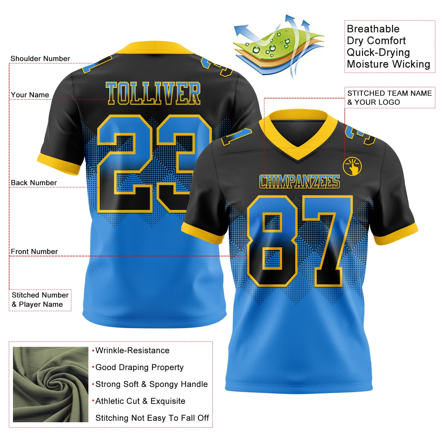 Custom Black Powder Blue-Yellow Authentic Gradient Square Shape Flag Football Jersey