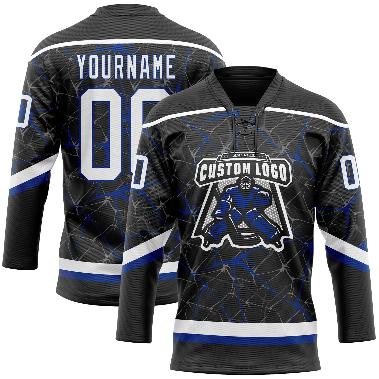 Custom Black White-Royal 3D Pattern Abstract Network Hockey Lace Neck Jersey