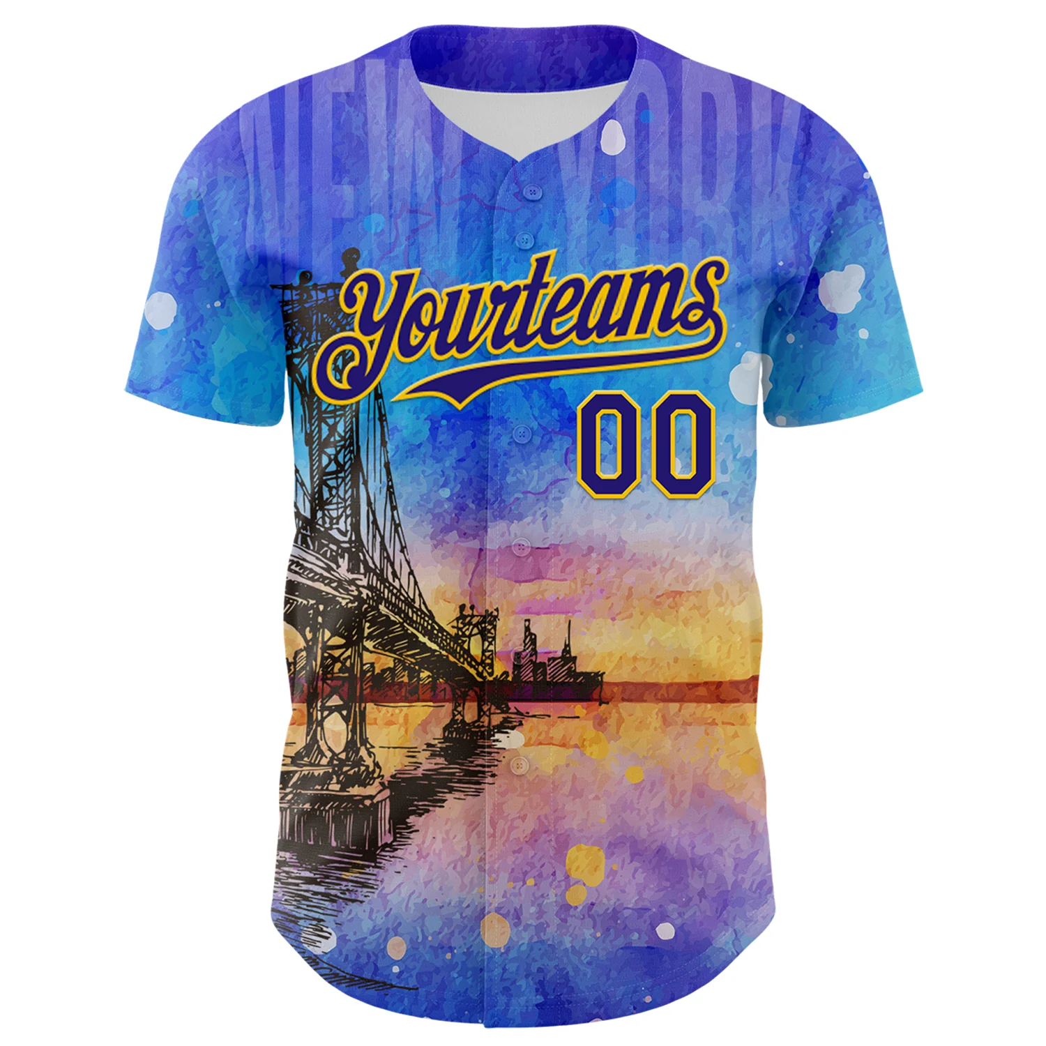 Custom Blue Dark Purple-Gold 3D Pattern Design Manhattan Bridge New York Sunset Authentic Baseball Jersey