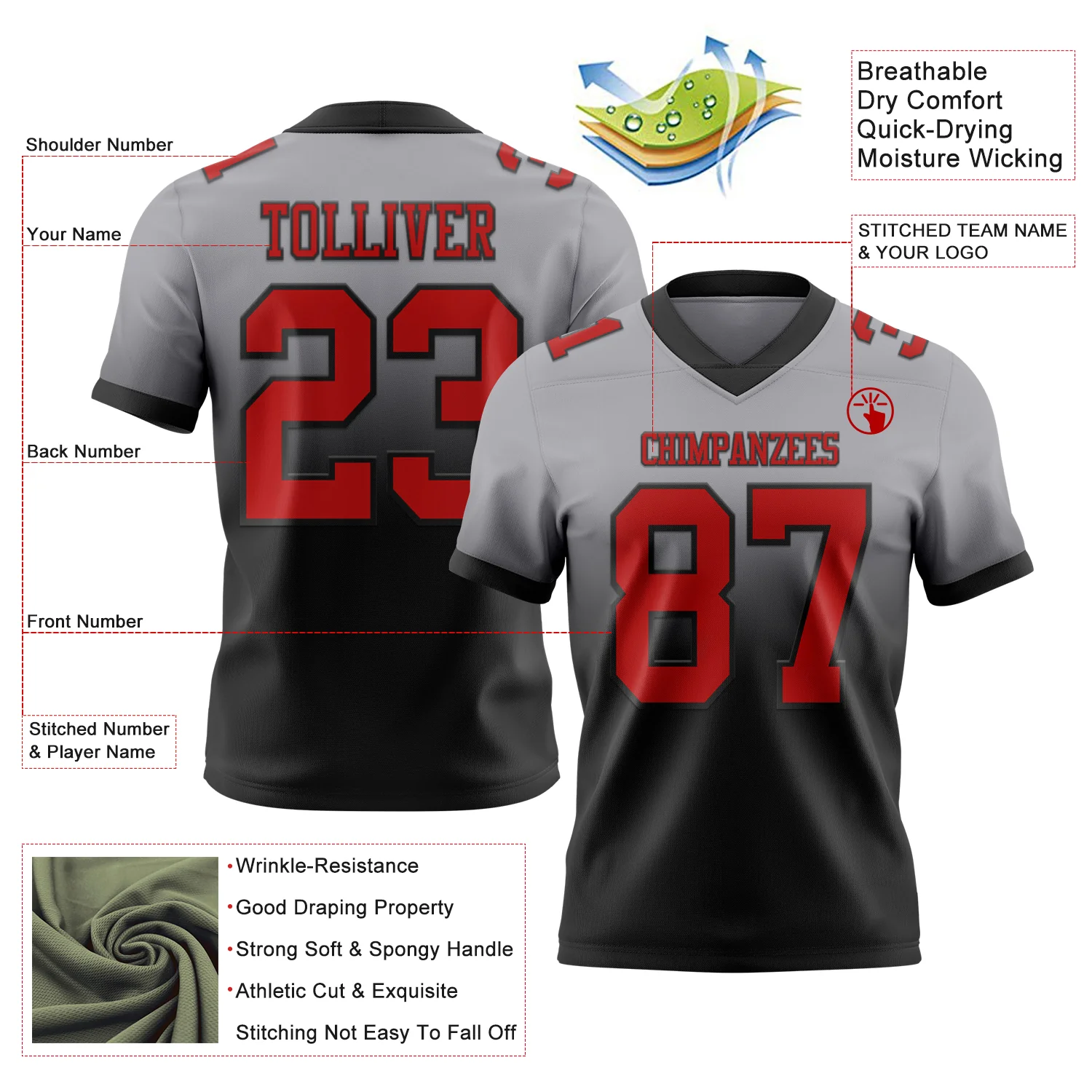 Custom Gray Red-Black Authentic Fade Fashion Football Jersey