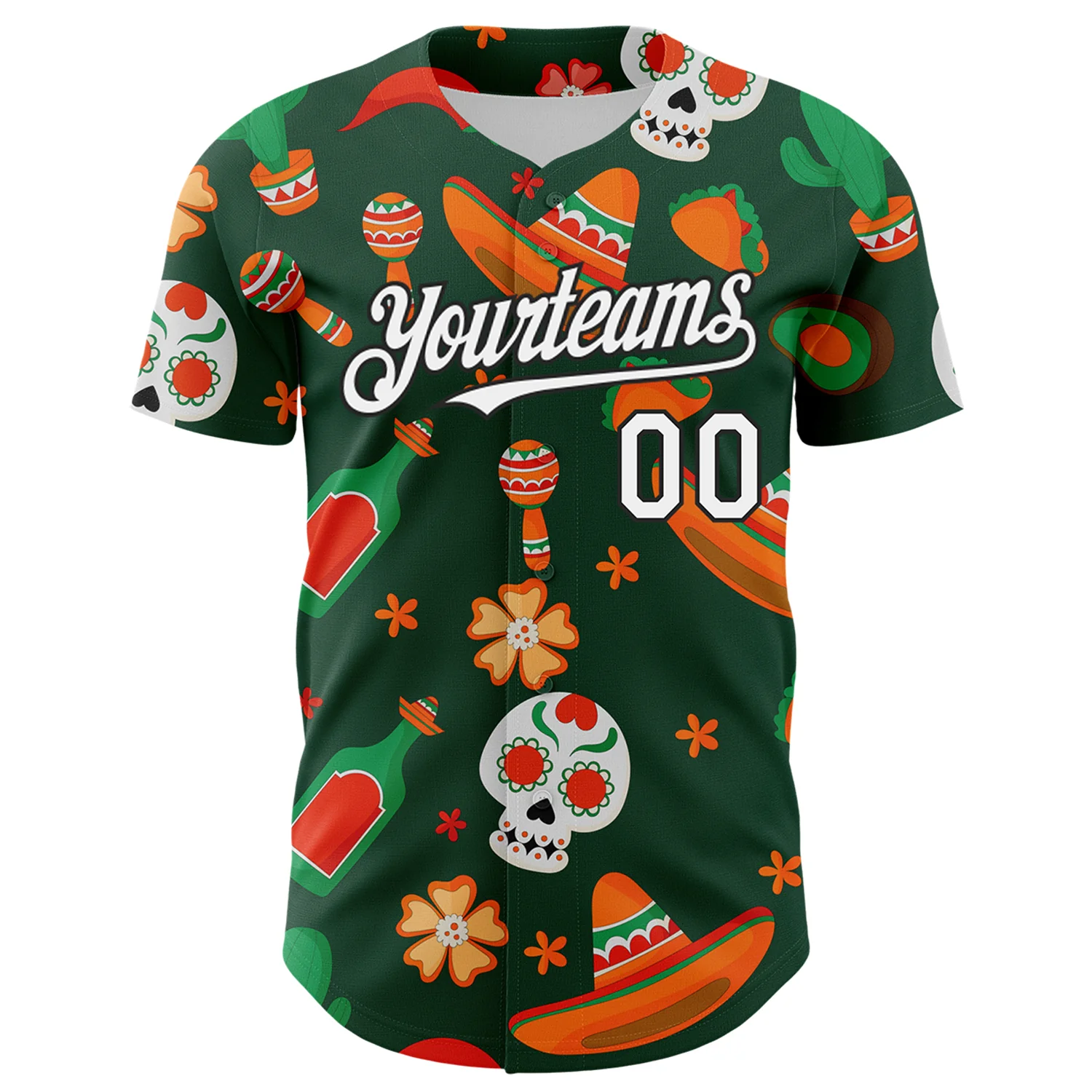 Custom Green White-Black 3D Mexican Festival Sombrero And Skull Cinco de Mayo Authentic Baseball Jersey