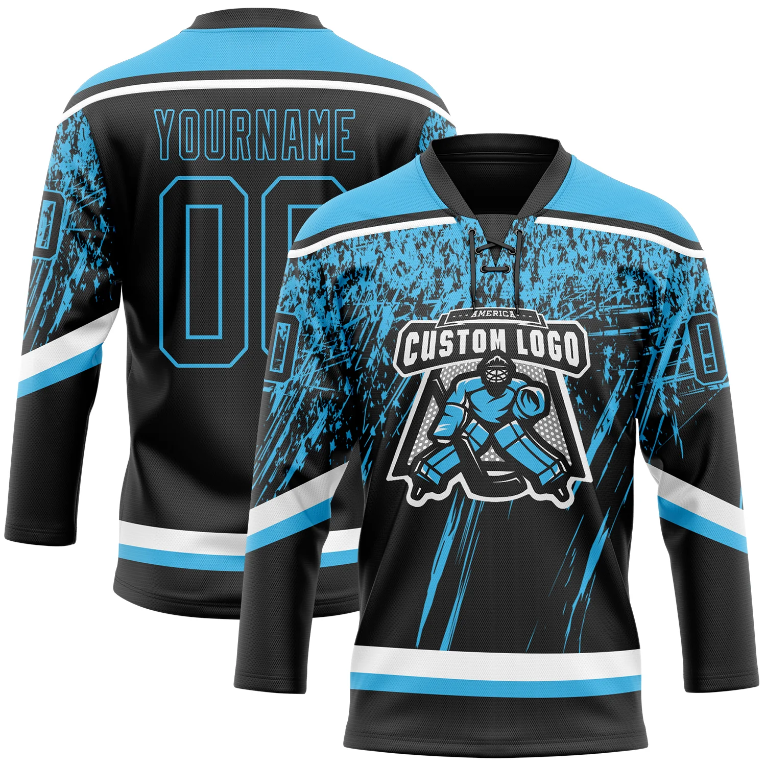 Custom Black Sky Blue-White 3D Splash Hockey Lace Neck Jersey