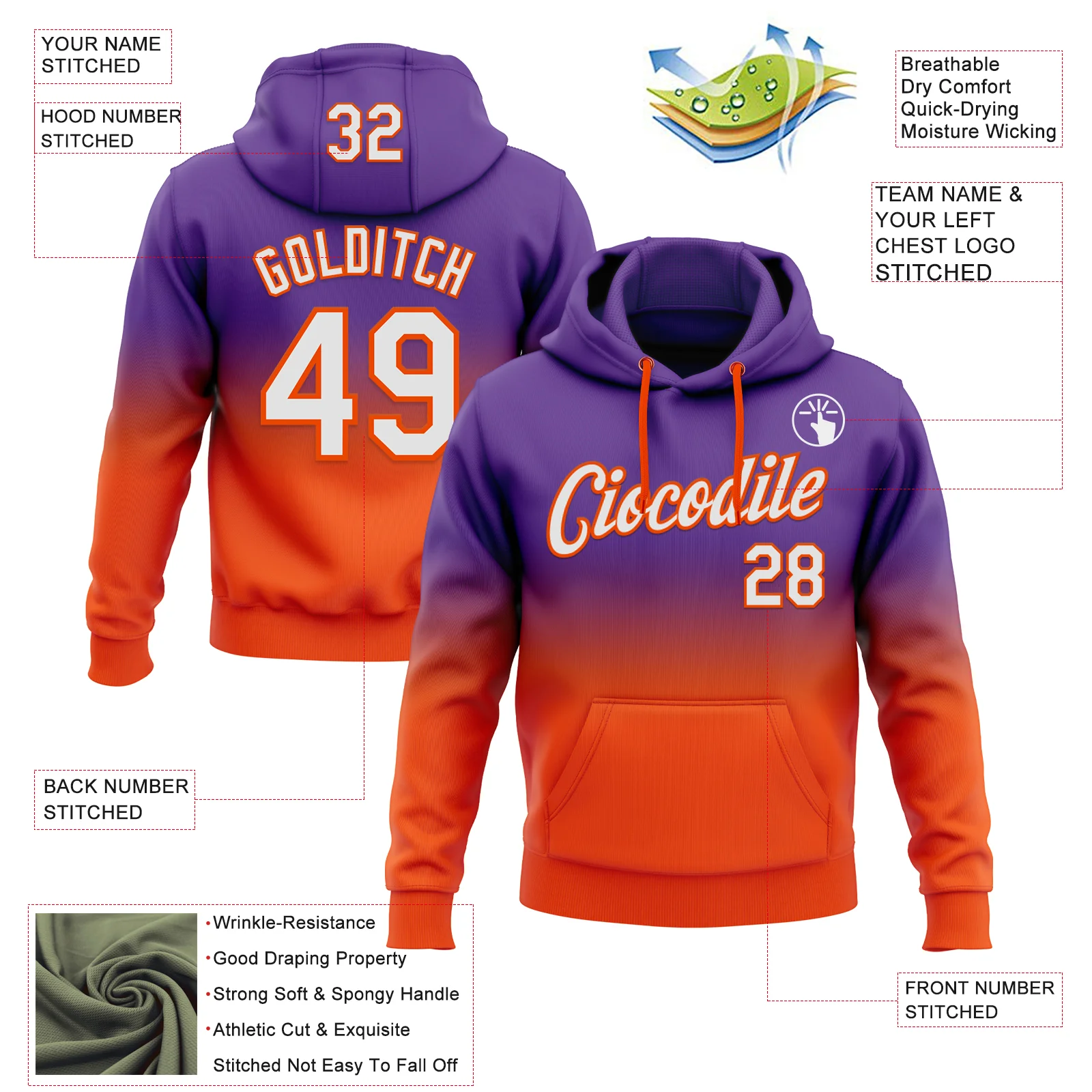 Custom Stitched Purple White-Orange Fade Fashion Sports Pullover Sweatshirt Hoodie