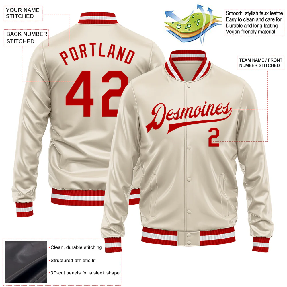 Custom Cream Red Bomber Full-Snap Varsity Faux Leather Letterman Jacket