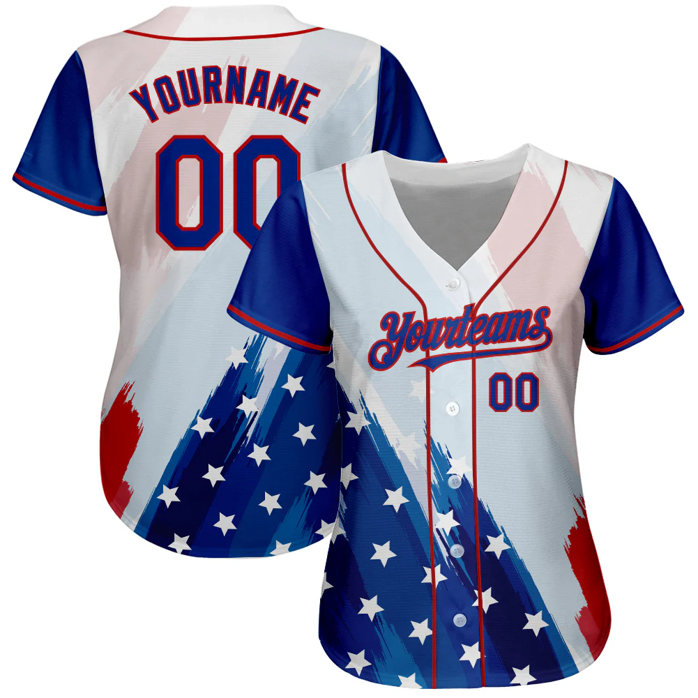 Custom White Royal-Red 3D American Flag Fashion Authentic Baseball Jersey