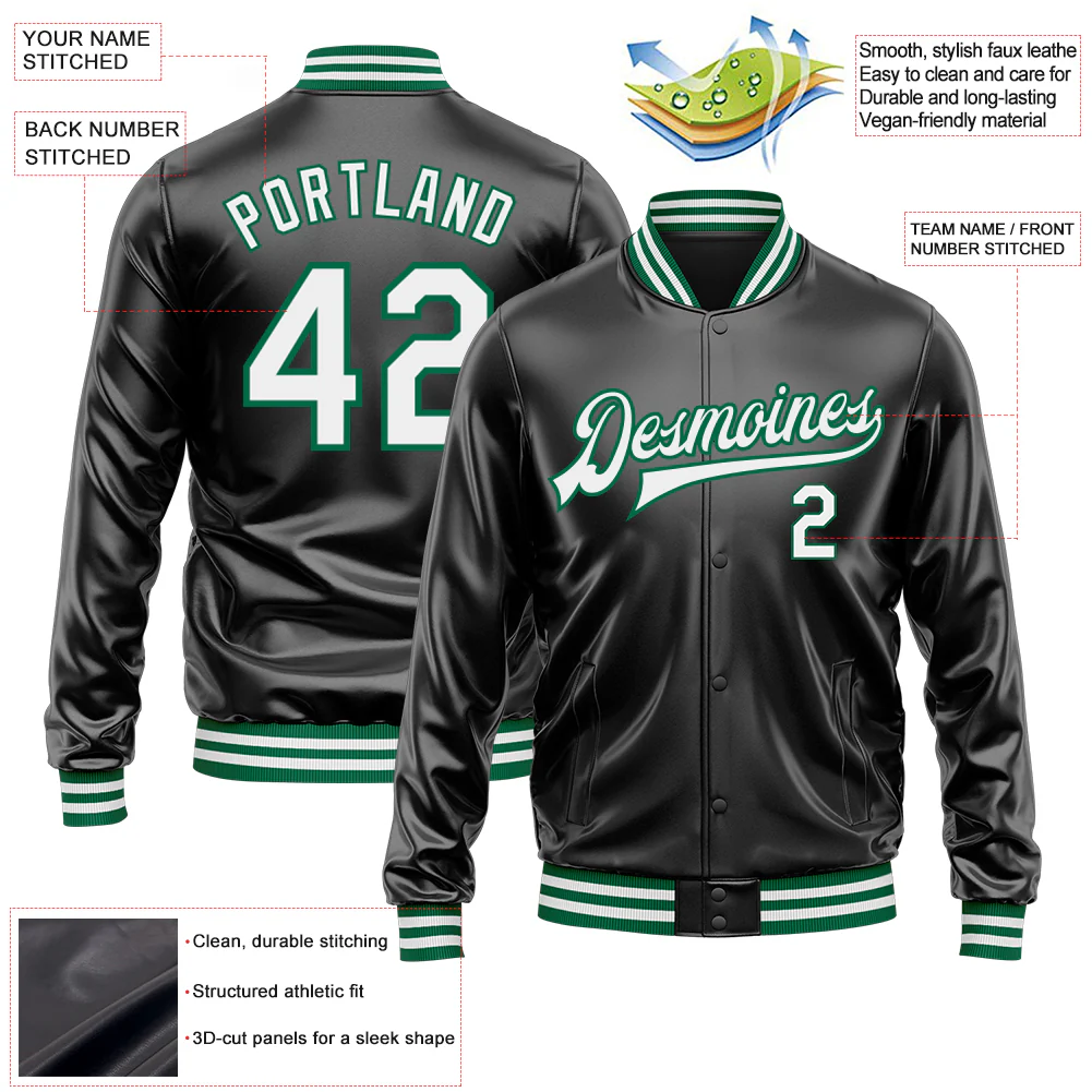 Custom Black White-Kelly Green Bomber Full-Snap Varsity Faux Leather Letterman Jacket